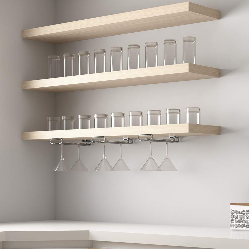 Under Cabinet Glass Hanger - Single Row Stemware Rack for Bar or Shelf - 11 Inch Chrome Steel Wine Glass Holder - Perfect for Kitchen, Dining Room & Home Bar Organization
