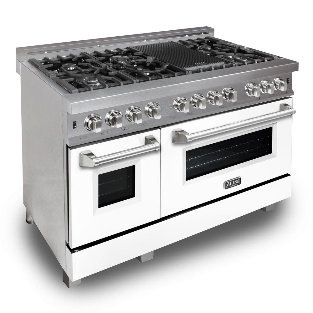 ZLINE 48-Inch 6.0 cu. ft. Dual Fuel Range with 7-Burner Gas Cooktop & 2 Electric Ovens - Satin Stainless Steel & White Matte Doors (RAS WM 48) - Perfect for Large Kitchens, Home Chefs & Entertaining