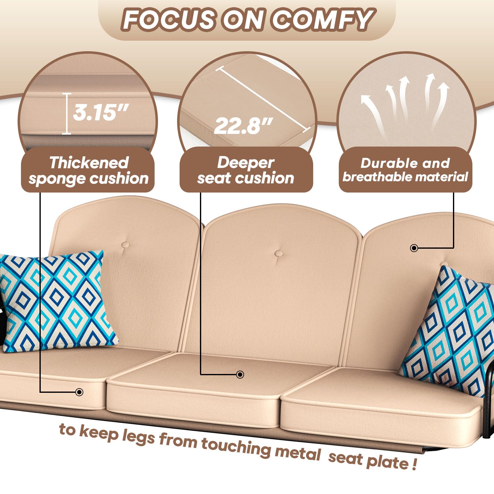 3-Seat Outdoor Porch Swing 800lbs Capacity - 2-in-1 Patio Glider Chair with Adjustable Canopy & Removable Cushions - Heavy Duty Steel Frame Swing Set with Stand for Garden, Deck, Backyard (Khaki, Round Tube) - Perfect for Relaxing, Lounging & Enjoying Outdoor Spaces