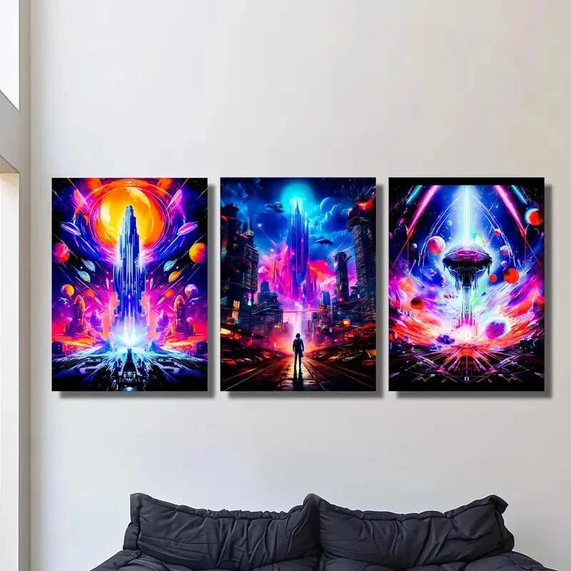 3-Piece Vibrant Space Planet & Future World Metal Wall Art Prints - Ready to Hang - Perfect for Living Room, Bedroom & Office Decor