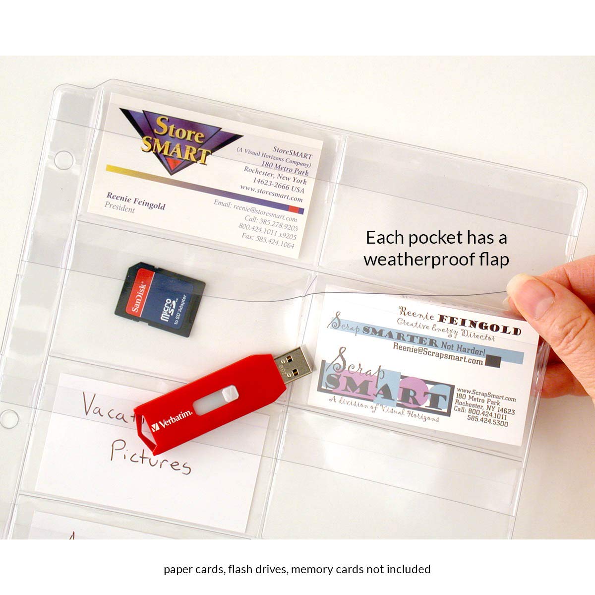 StoreSMART Plastic Pages for Memory SD Cards & Business Cards with Flaps - 100 Pack for 3-Ring Binders VH308F-100 - Perfect for Office Organization, Photo Storage & Collectible Card Protection