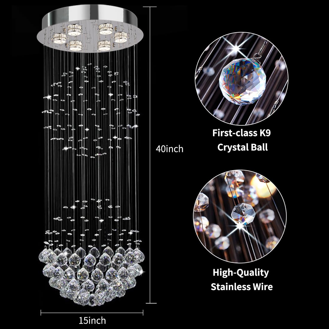 Modern 2-Ball Raindrop Crystal Chandelier - Flush Mount Cylinder Ceiling Light Fixture for Dining Room, Living Room, Kitchen, Foyer, Hallway & Bar | Elegant Lighting Solution for Home & Commercial Spaces | CRYSTOP
