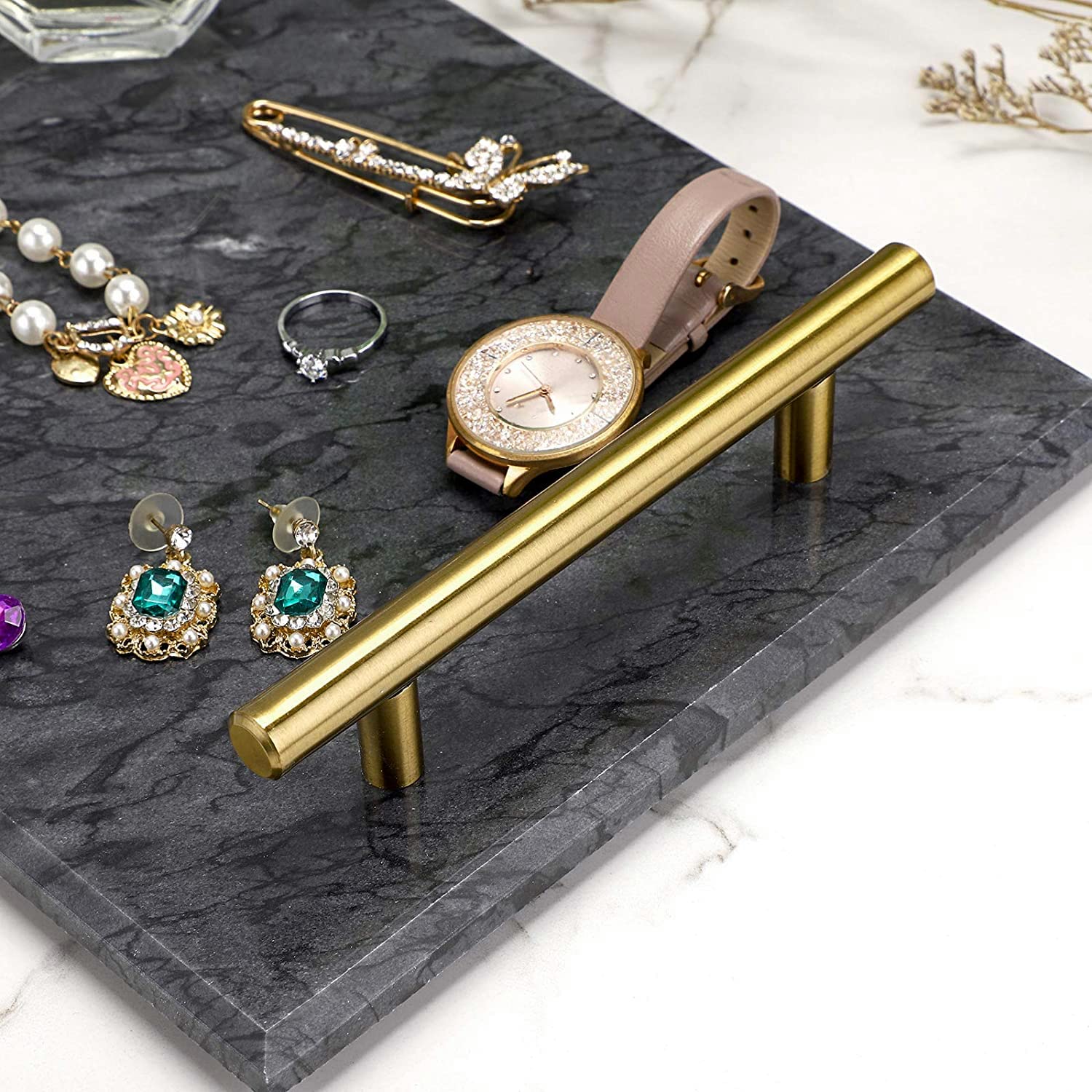 Natural Marble Tray with Gold Handle - Elegant Decorative Stone Tray for Bathroom, Kitchen, Vanity, Dresser & Nightstand - 11.8