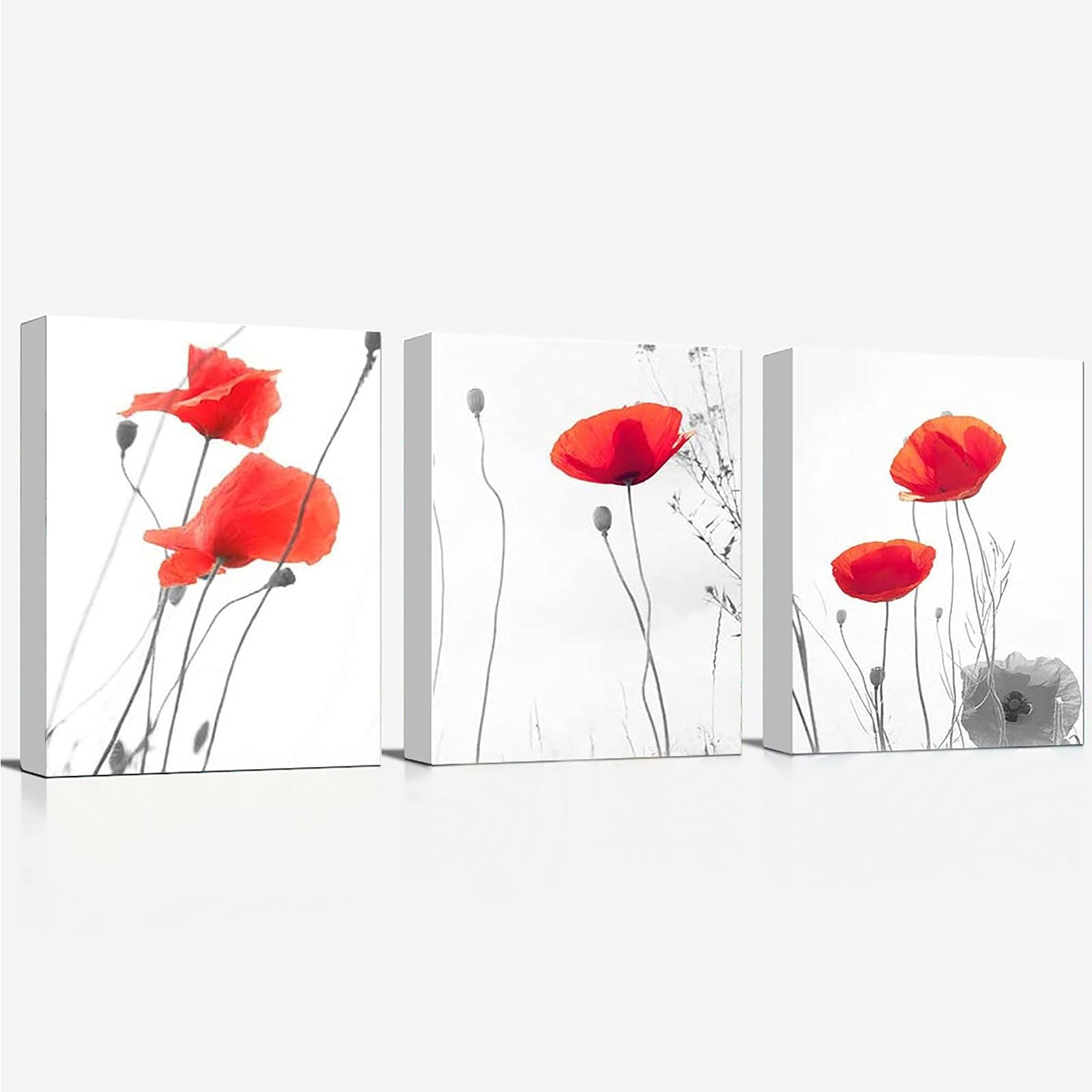 Farmhouse Decor Living Room 3-Piece Wall Art Set - Floral Canvas Prints with Red Poppy Flowers, Ready to Hang 16x24 Inch Framed Nursery Decor for Baby Girl's Room | Perfect for Home, Bedroom & Nursery Wall Decor