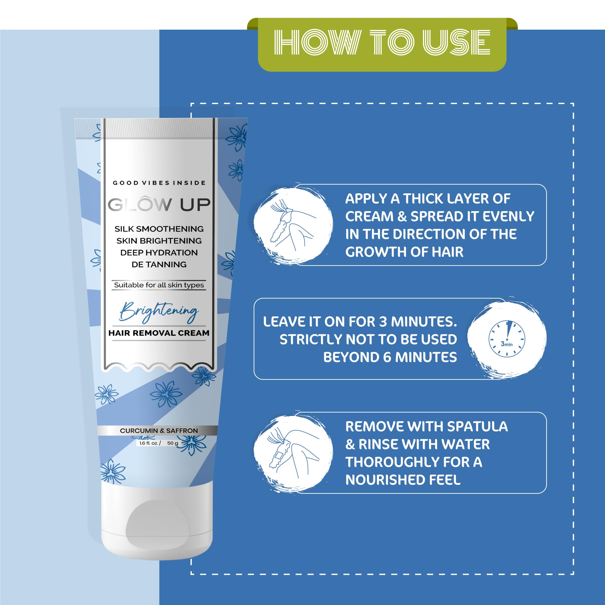 GLOW UP Brightening Hair Removal Cream with Curcumin & Saffron | Skin Smoothening Cream 50g | Painless Hair Remover for Legs, Arms & Bikini Area | Gentle Formula for Sensitive Skin