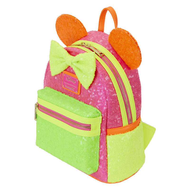 Minnie Mouse Exclusive Color Block Neon Sequin Loungefly Mini Backpack - Disney Fashion Accessory for Women, Girls, Cosplay & Theme Park Outfits