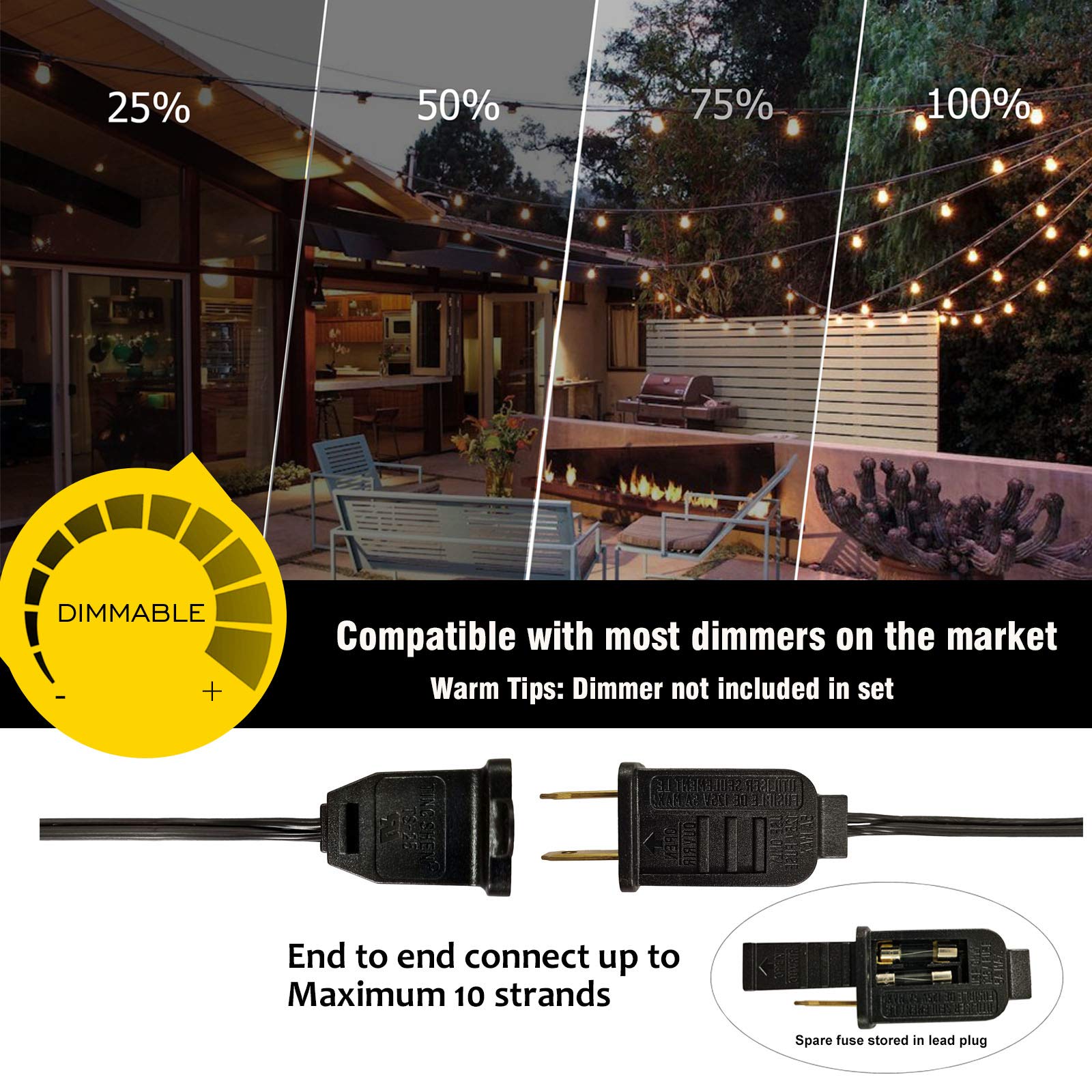DAMAING 100FT Outdoor String Lights with 52 Dimmable G40 Shatterproof LED Bulbs - Waterproof Connectable Patio Lights for Backyard, Garden, Wedding & Party Decor - 2700K Warm White Glow