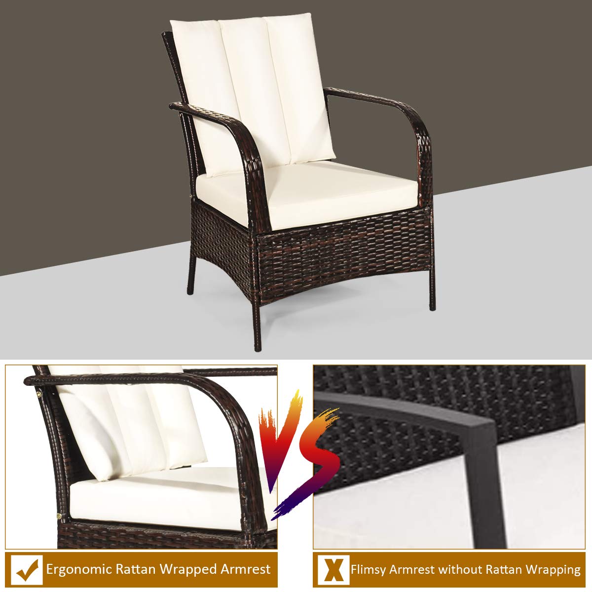Tangkula 3-Piece Patio Furniture Set - 2 Wicker Chairs with Glass Top Coffee Table, Outdoor Rattan Conversation Set for Garden, Porch or Poolside (Cream) | Perfect for Relaxing, Entertaining & Outdoor Dining