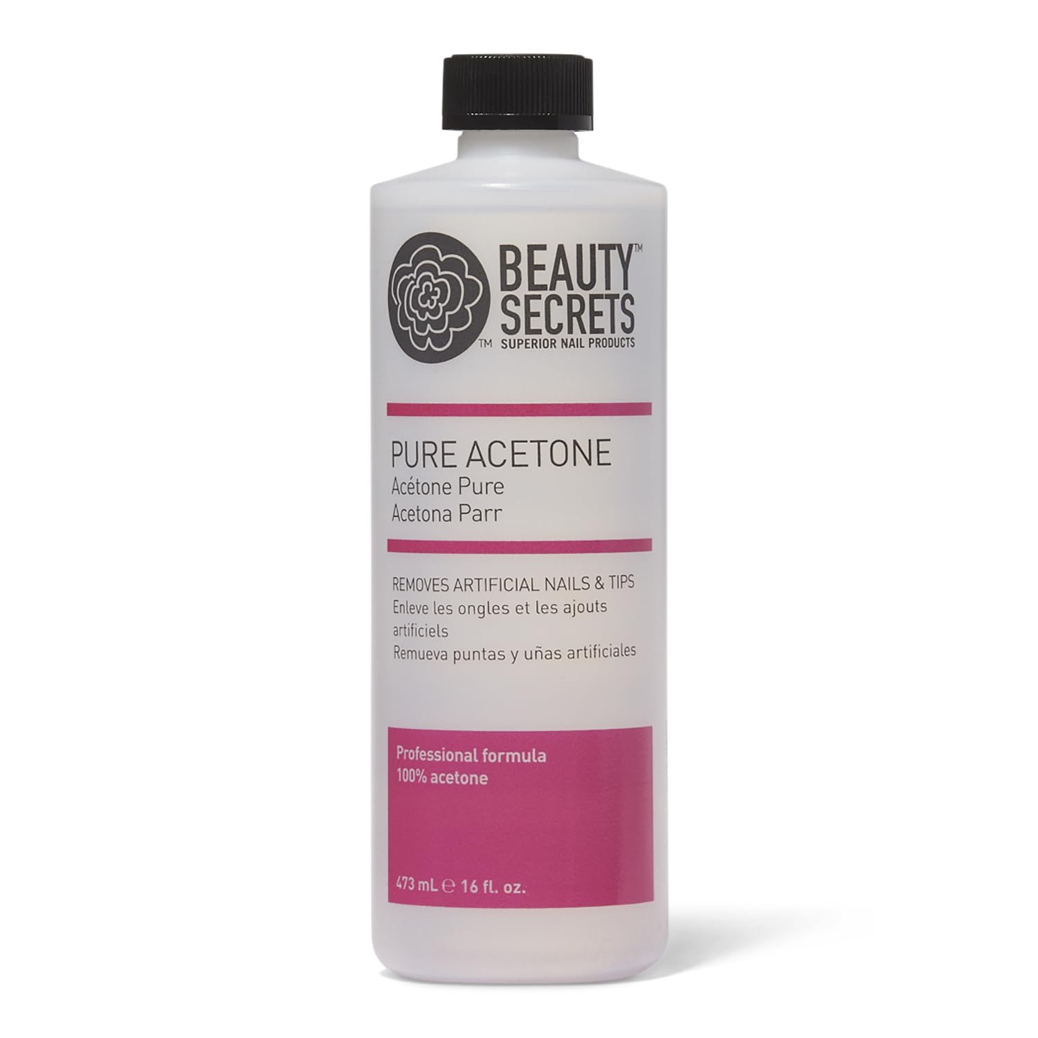 Beauty Secrets Pure Acetone Nail Polish Remover - 16 Oz Bottle for Professional Manicures & Pedicures | Fast-Acting Solvent for Acrylic Nails & Gel Polish Removal | Salon & Home Use