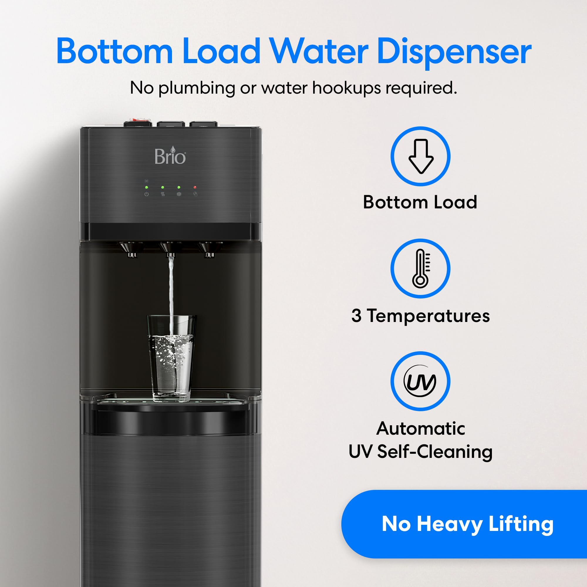 Brio Self-Cleaning Bottom Loading Water Cooler Dispenser - Black Stainless Steel - 3 Temperature Settings (Hot, Room & Cold) - Ideal for Home, Office & Kitchen Use