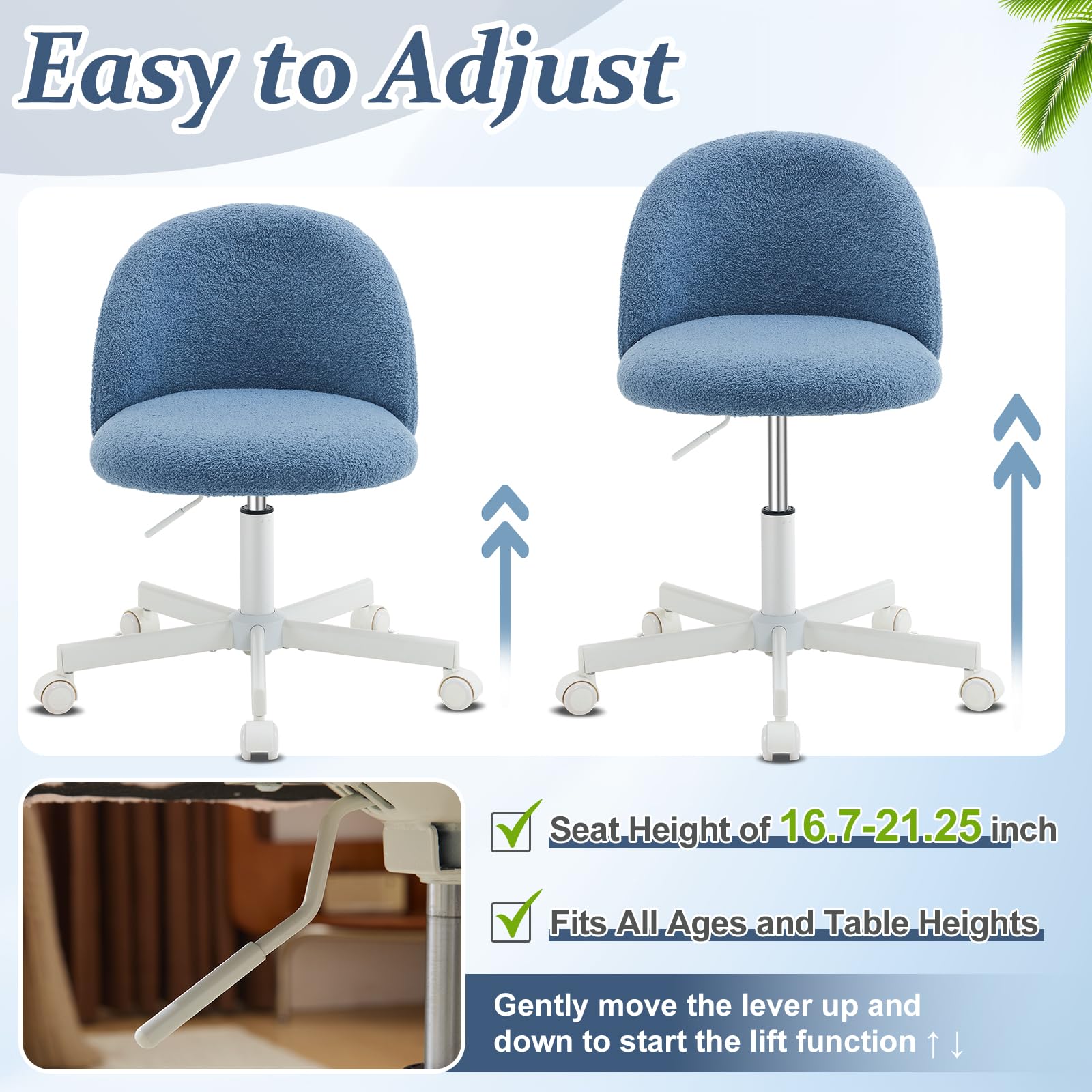VINGLI Armless Cute Desk Chair with Wheels - Comfortable Small Office Chair, Adjustable Swivel Vanity Chair with Lumbar Support, Rolling Computer Task Chair for Home Office & Bedroom (Fog Blue) - Perfect for Gaming, Studying, and Workspace Ergonomics