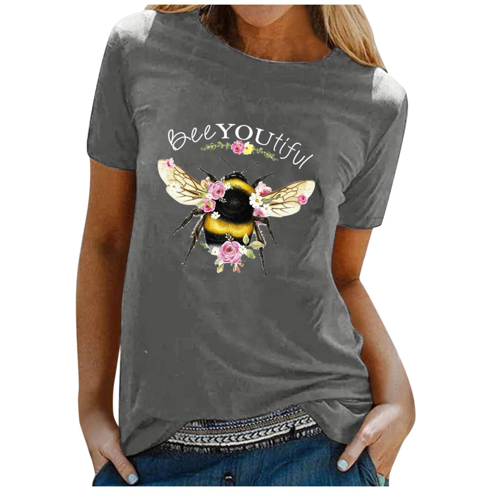 Trendy Bee Print Short Sleeve Crop Top for Women - Cute Animal Graphic Tee Shirt in Black - Perfect for Summer Outings, Beach Trips, and Casual Streetwear