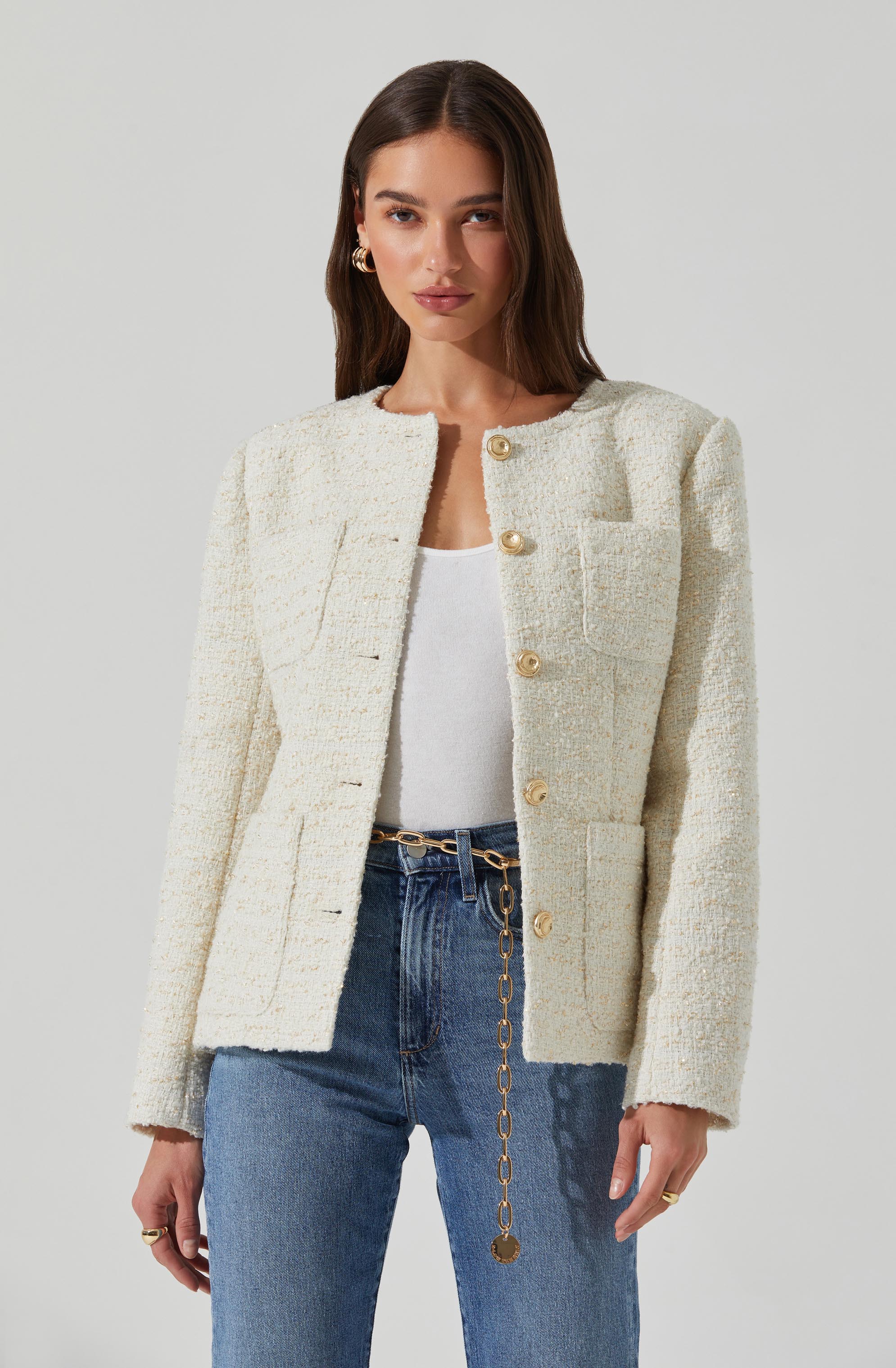 Stylish Sarae Collarless Tweed Jacket for Women - Classic Vintage Blazer for Office, Dating & Fall Outfits