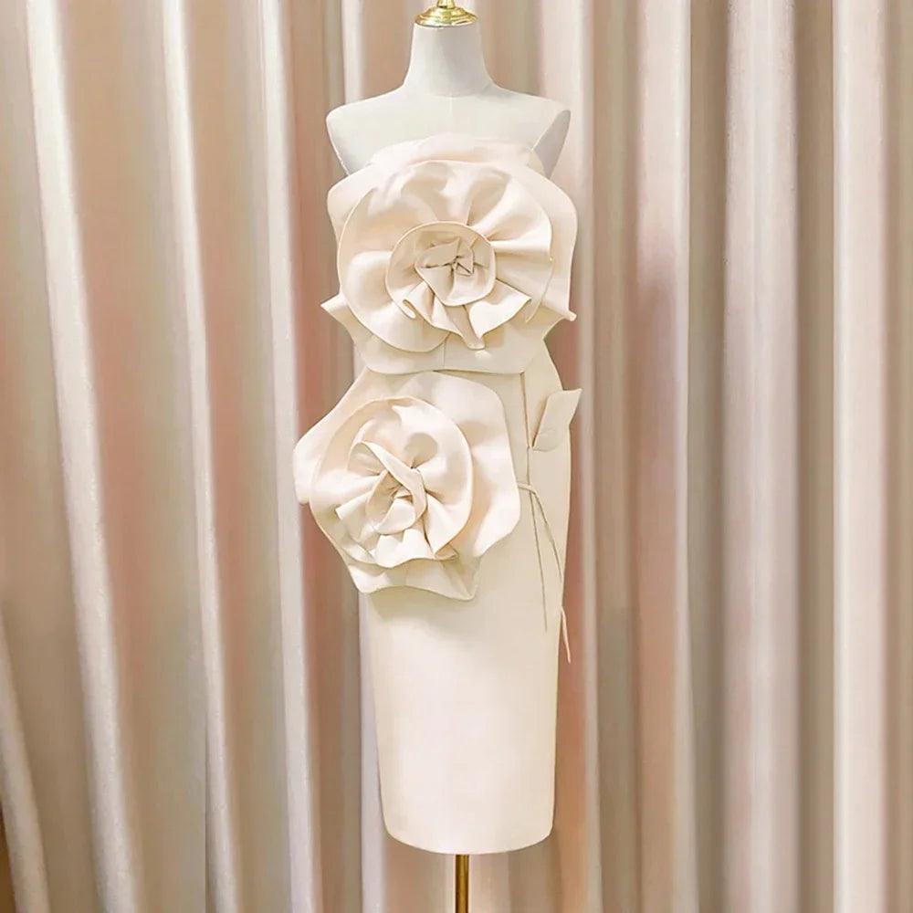 Elegant Pink & White Strapless Midi Dress for Women - Sexy Tight Fit with 3D Flower Details | Celebrity Party Dress for Summer 2024 | Perfect for Cocktail Parties, Weddings & Date Nights