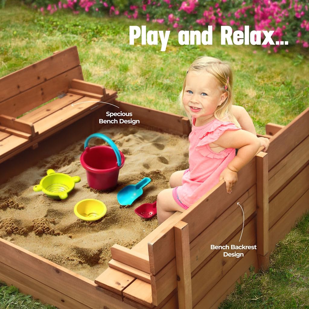 Large Wooden Kids Sandbox with Lid – Outdoor Sand Box with Cover, Foldable Bench Seats & Bottom Liner – Perfect for Backyard, Garden & Playground Sand Play