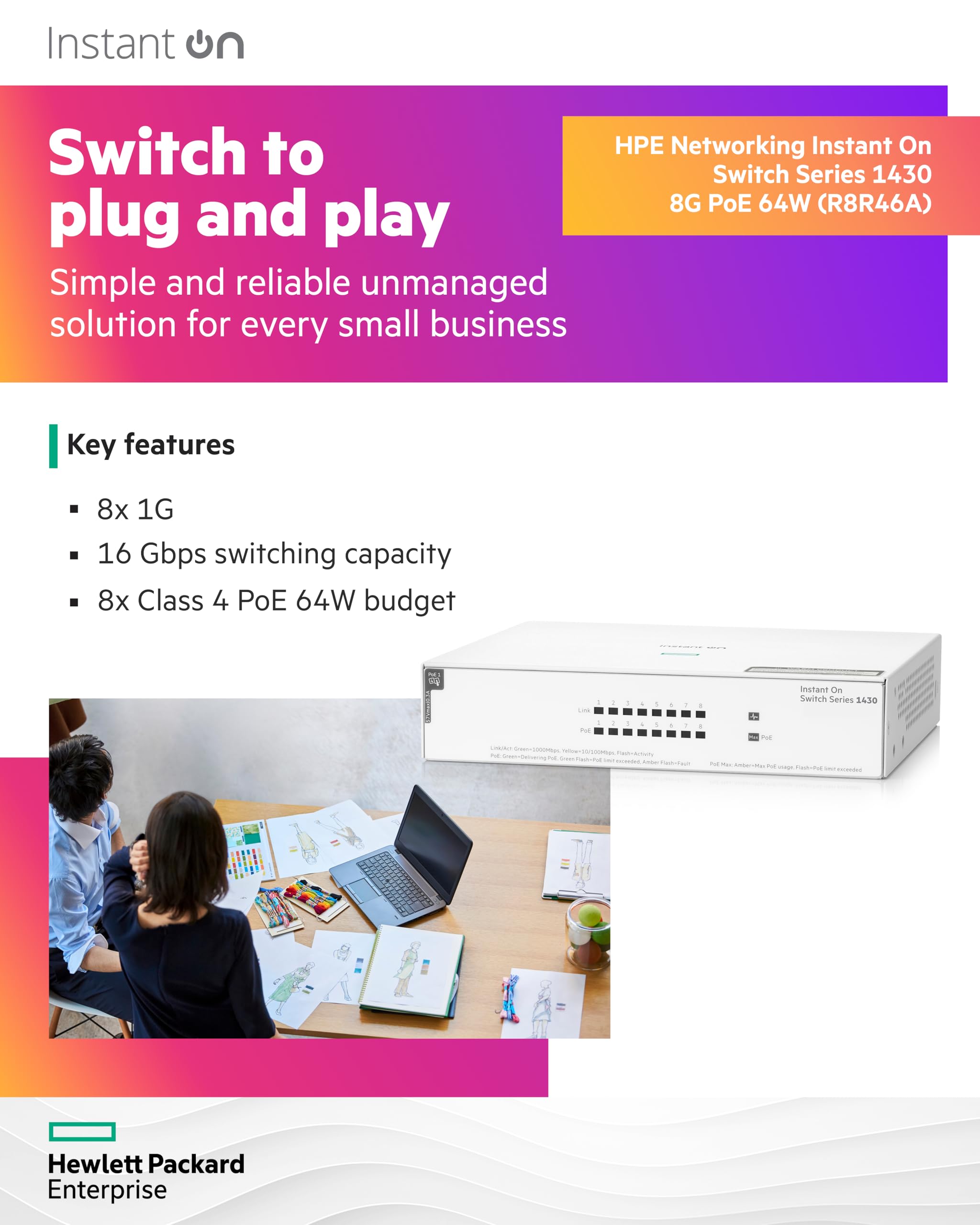 HPE 1430 8-Port Gigabit Unmanaged PoE Switch | 8x 1G Ports | 64W PoE Budget | Fanless Design | Plug-and-Play | Ideal for Small Business Networks & Home Offices | Layer 2 Ethernet Switch with US Power Cord (R8R46A#ABA)