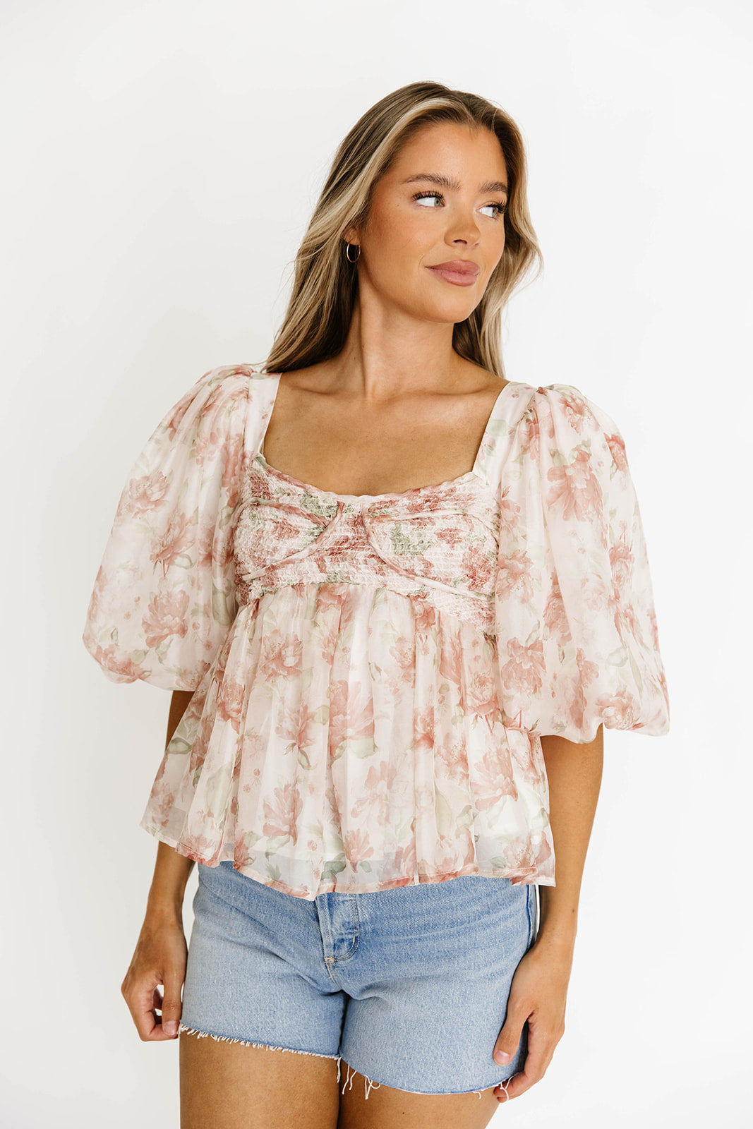 Saint Malo Floral Smocked Top for Women - Peach Blouse with Ruffled Sleeves & Elastic Waist - Perfect for Spring Outfits, Date Nights & Beach Vacations
