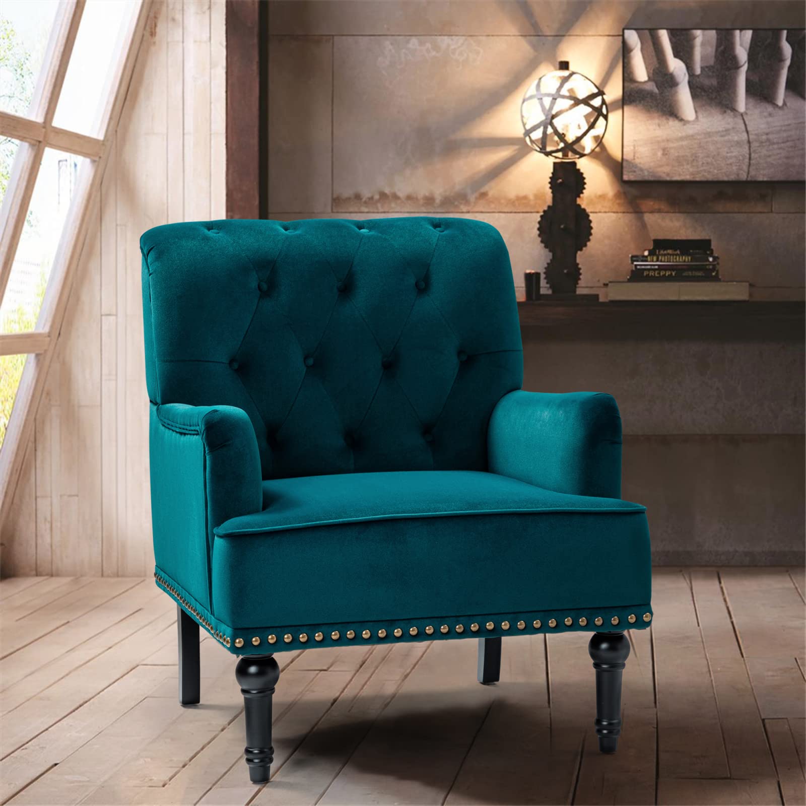 Mid Century Modern Accent Chair - Button Tufted Upholstered Armchair with Solid Wood Legs & Nailhead Trim - Club Lounge Chair for Living Room, Bedroom - Teal Blue Velvet Sofa Chair - Perfect for Reading Nook, Home Office, or Cozy Corner Decor