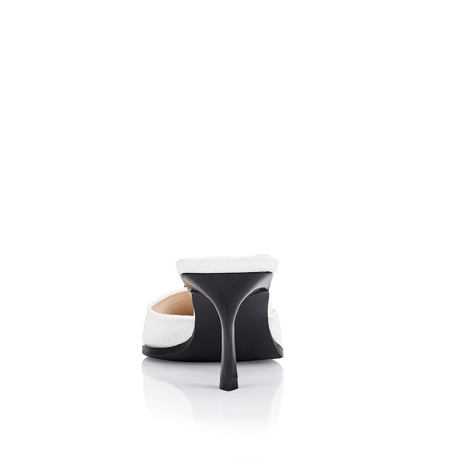 Sez Buckle Stiletto Mules - Women's Chunky Heel Slide Sandals in Chalk White Crinkle Leather | Comfortable & Stylish for Office, Party & Summer Outfits