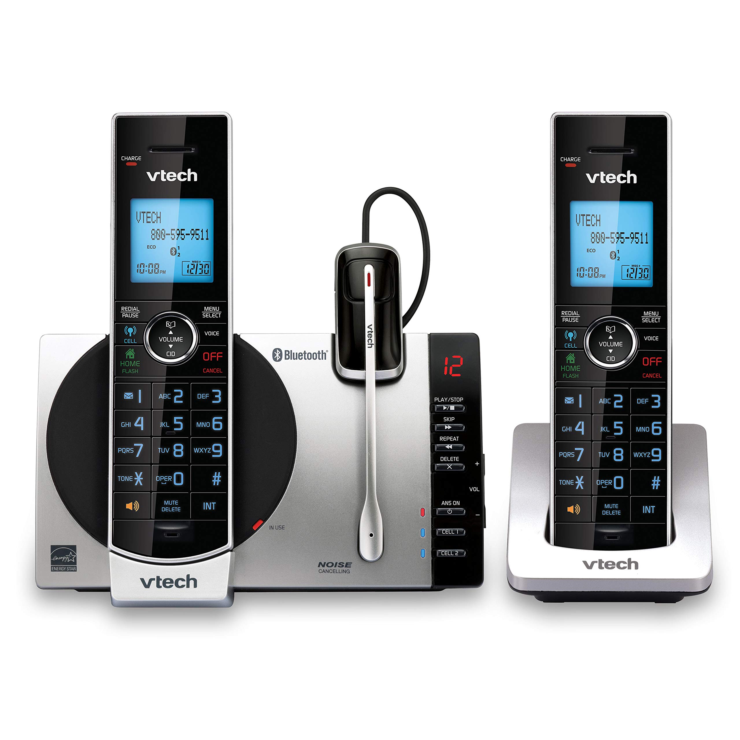 VTech DS6771-3 2-Handset DECT6.0 Cordless Phone with Bluetooth Cell Link, Digital Answering System & Wireless Headset - Black/Silver for Home Office & Small Business Communication
