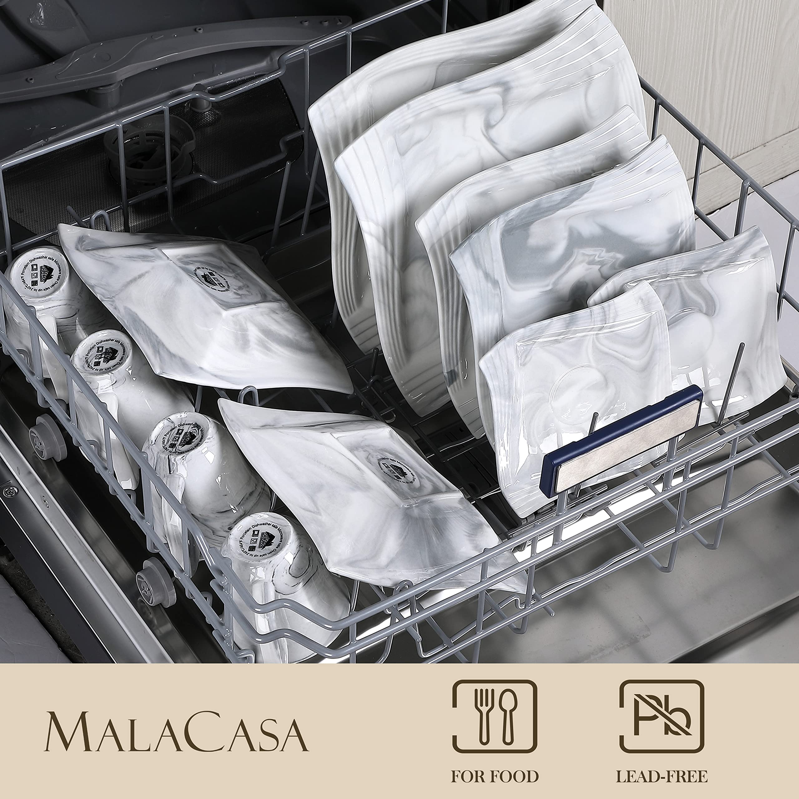 MALACASA 30-Piece Marble Gray Porcelain Dinnerware Set - Plates, Bowls, Cups & Saucers for 6 - Elegant Serving Dishes for Dining, Entertaining & Special Occasions - Amparo Series