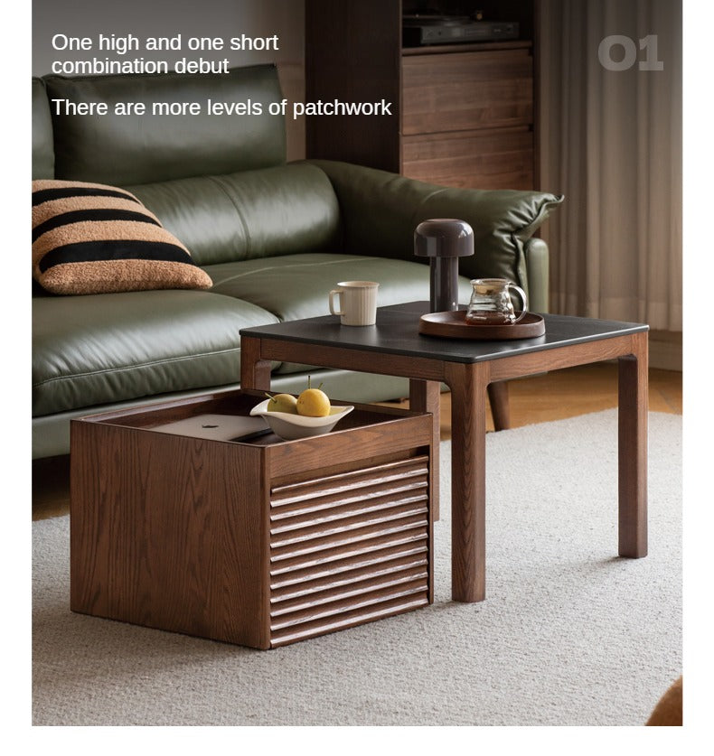 Solid Oak and Black Walnut Wood Rocking Coffee Table - Rustic Movable Side Table for Living Room, Patio, or Outdoor Use