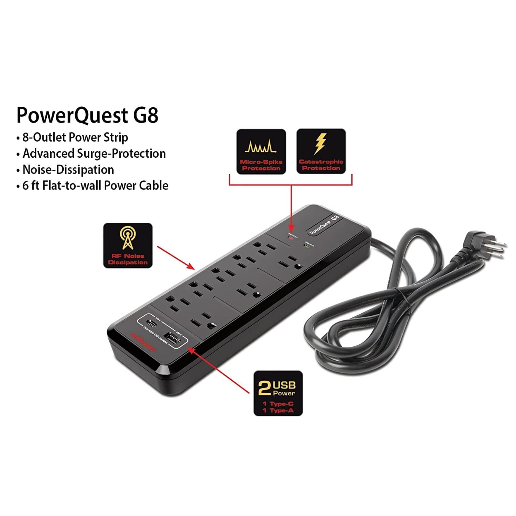 AudioQuest PowerQuest G8 Surge Protector - 8 Outlet Power Strip with EMI/RFI Noise Filter & 4320 Joule Protection | Perfect for Home Theater, Gaming PC & Office Electronics
