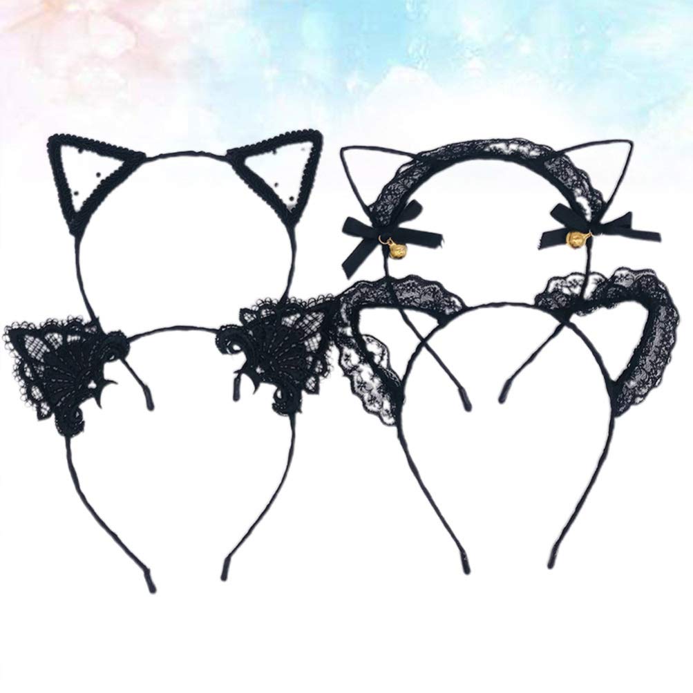 4pcs Lace Cat Ear Headbands for Women & Girls - Cute Halloween Cosplay Costume Accessories, Cat Ear Hair Hoops for Parties, Dress Up & Photo Props