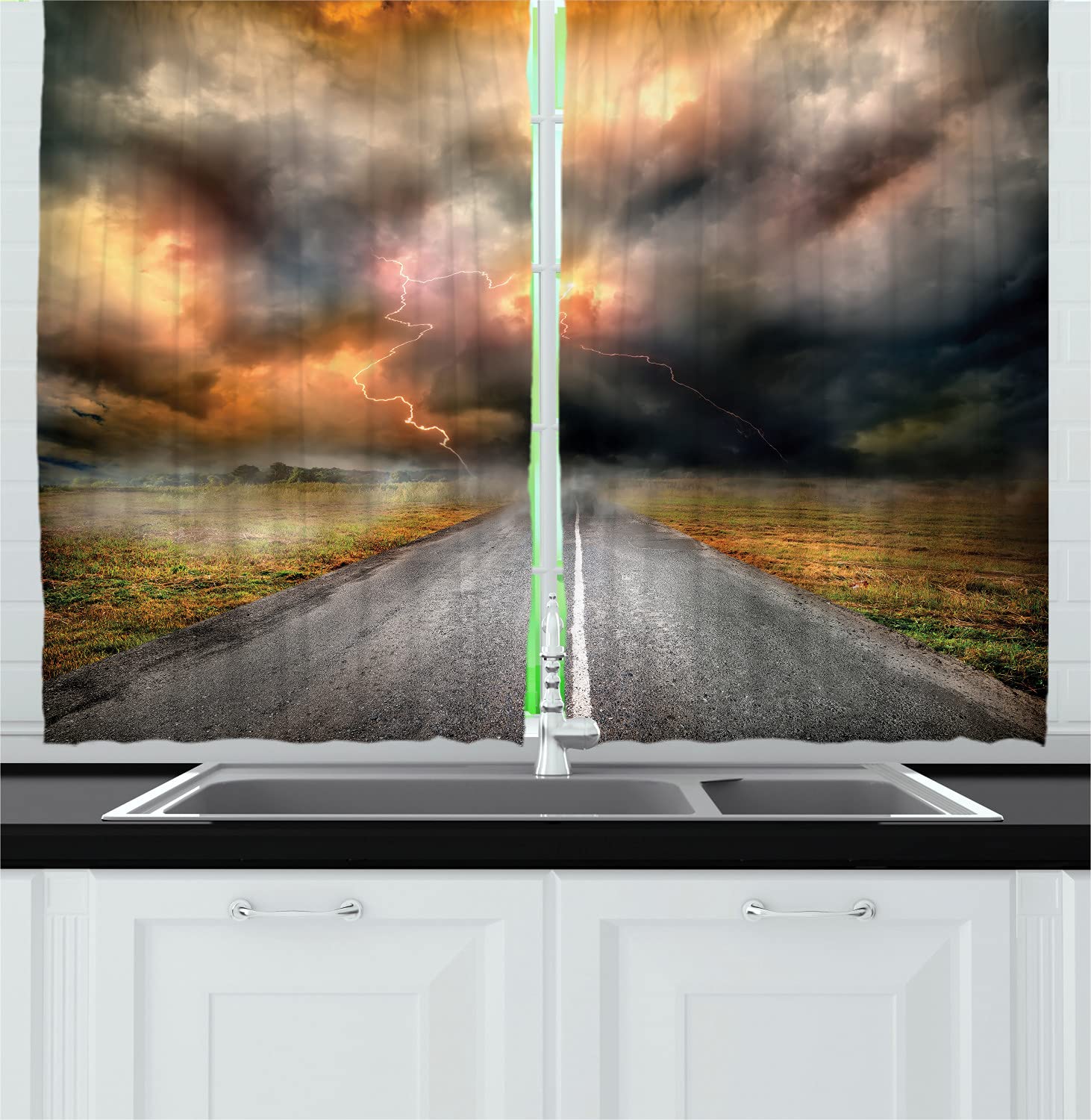 Ambesonne Nature Long Kitchen Curtains - Dusty Storm Clouds & Thunder Over Highway Print, 2 Panel Drapes with Rod Pocket, 55x45 Inches, Orange Grey - Perfect for Farmhouse, Cottage & Rustic Home Decor