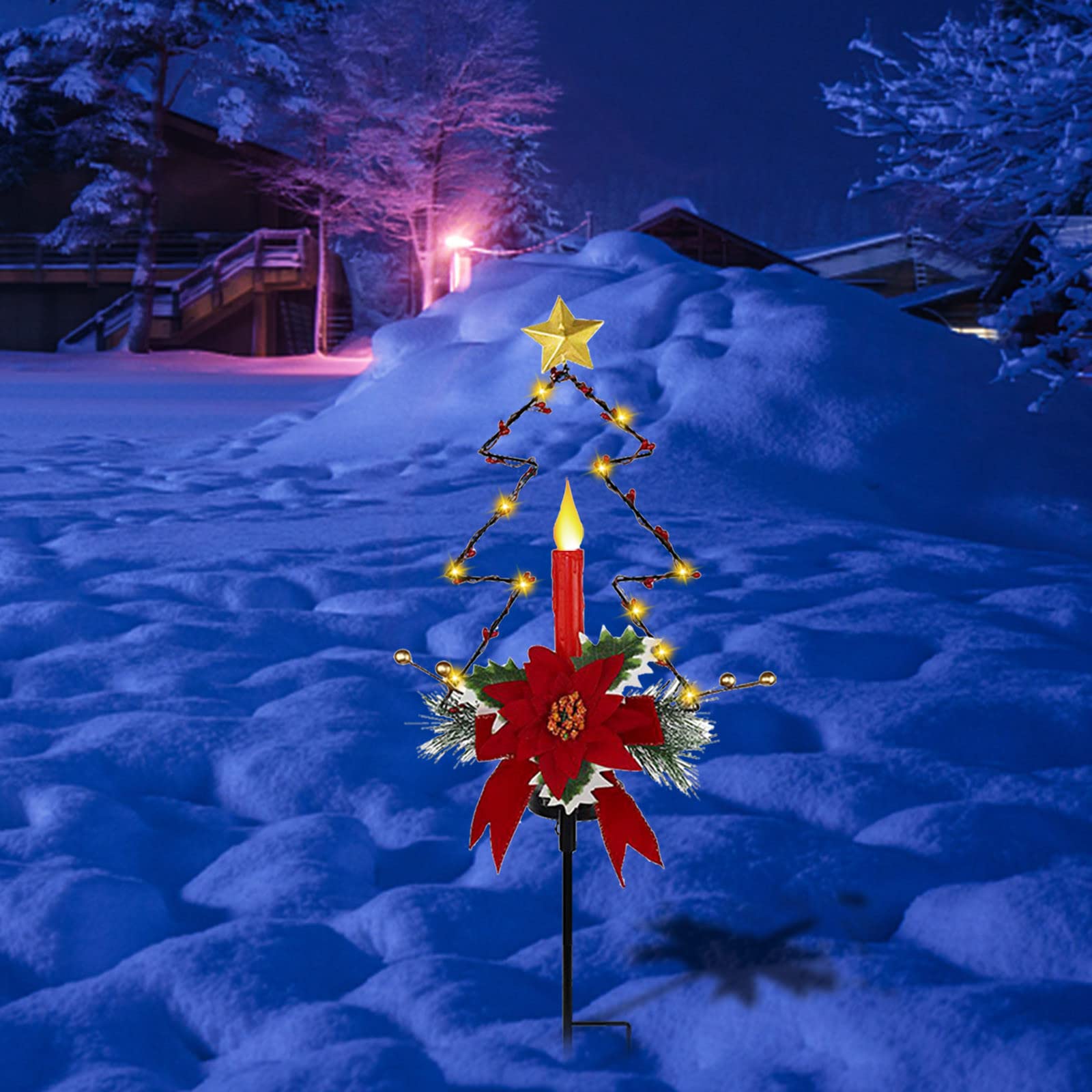 Christmas Solar Path Lights - Cute Snowman LED Ground Plug Decorations, Waterproof Outdoor Garden Landscape Lighting with Artificial Pine & Flower Candle Design for Holiday Parties & Winter Decor