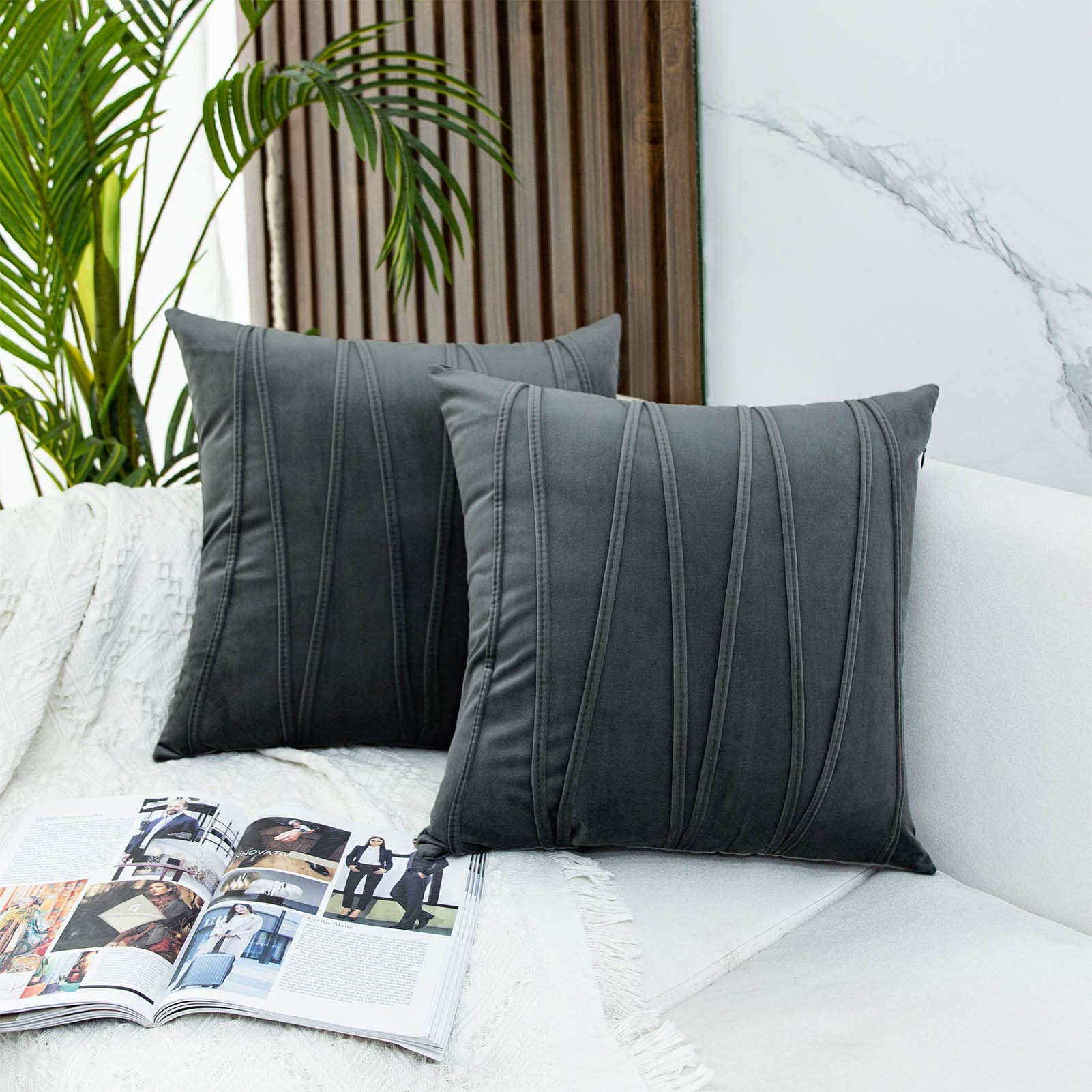 JUSPURBET Velvet Striped Decorative Throw Pillow Covers - Set of 2 (18x18 Inches) - Soft Cushion Covers for Sofa, Couch & Bed - Dark Grey - Perfect for Living Room, Bedroom & Home Decor