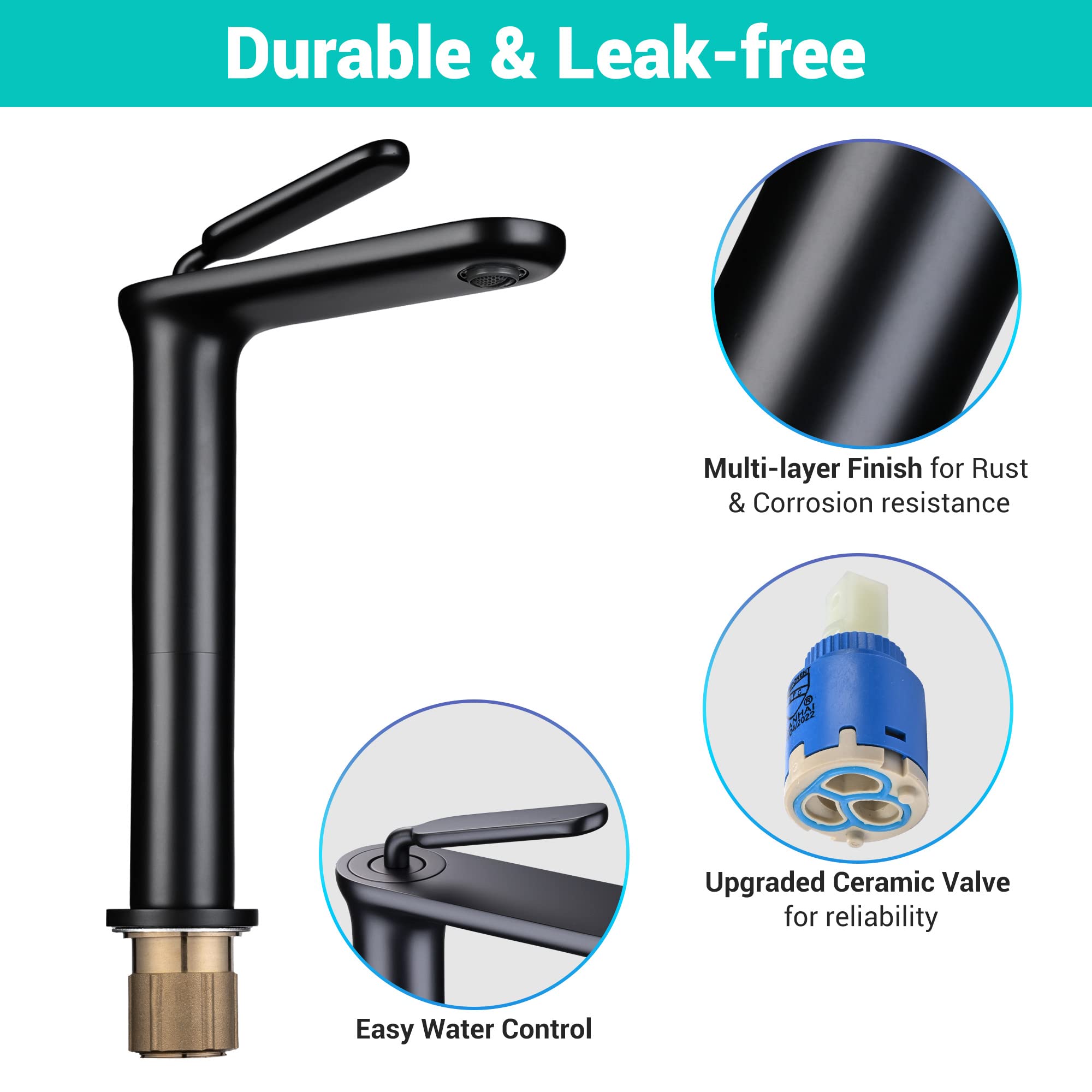 Aquaterior Matte Black Single Handle Bathroom Vessel Sink Faucet - NSF/ANSI 61 Certified, Non-Lead Commercial Faucet for RV, Lavatory & Vanity Sinks - Perfect for Modern Homes, Hotels & Restrooms