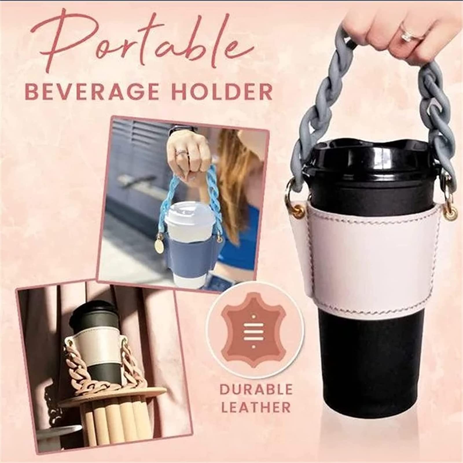 Premium Leather Coffee Cup Sleeve with Detachable Metal Chain - Reusable Insulated Travel Mug Holder for Hot/Cold Drinks - Perfect for Commuting, Office Use & Outdoor Activities (Black)