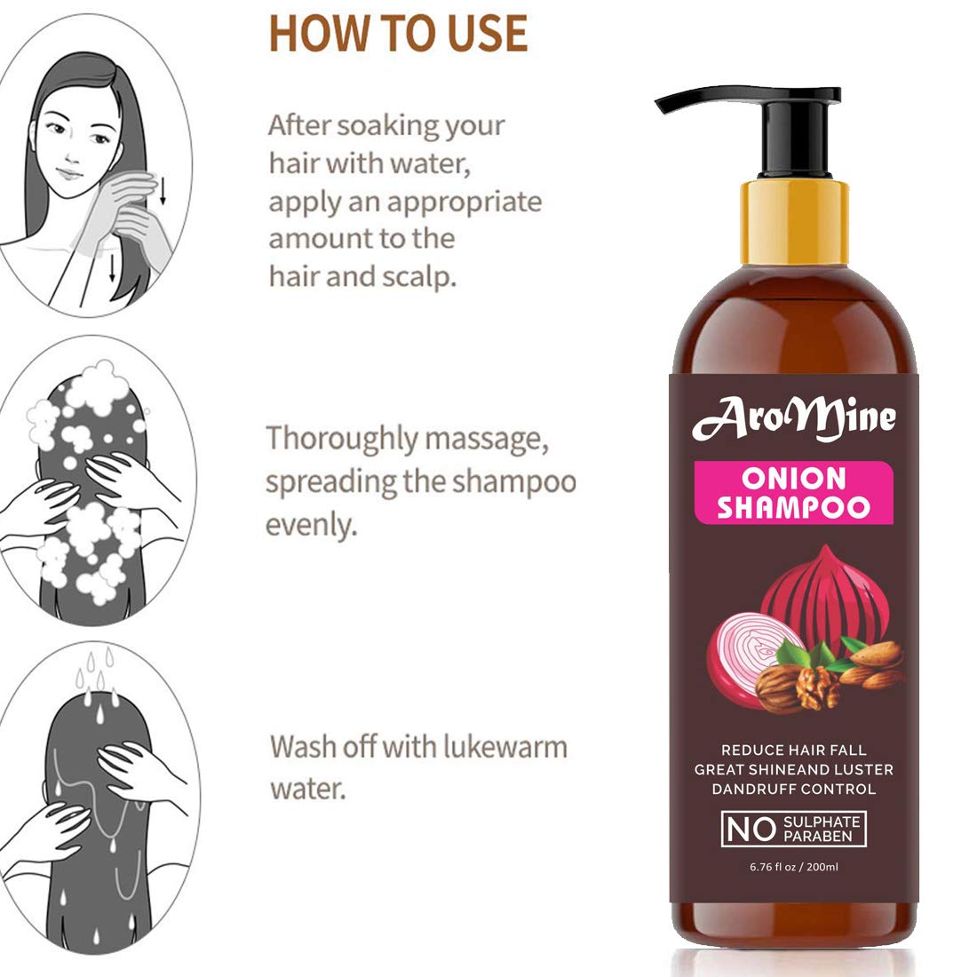 AroMine Natural & Red Onion Shampoo - Paraben & Sulphate Free Hair Growth Treatment (200ml) | Promotes Thicker, Healthier Hair for Men & Women | Ideal for Daily Use & Scalp Care