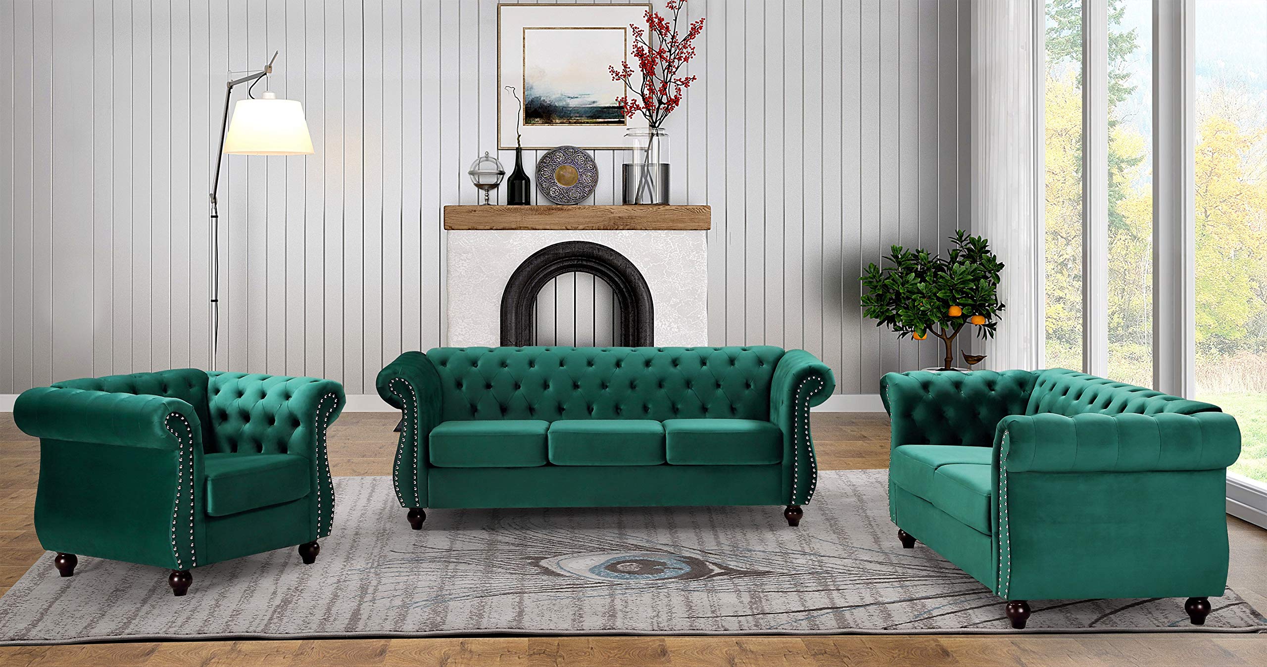 Modern Velvet Chesterfield Sofa Set - Tufted Living Room Couch with Nailhead Trim & Sturdy Metal Frame (Chair, Loveseat & Sofa) in Lush Green - Perfect for Home Theater, Lounge & Formal Living Spaces