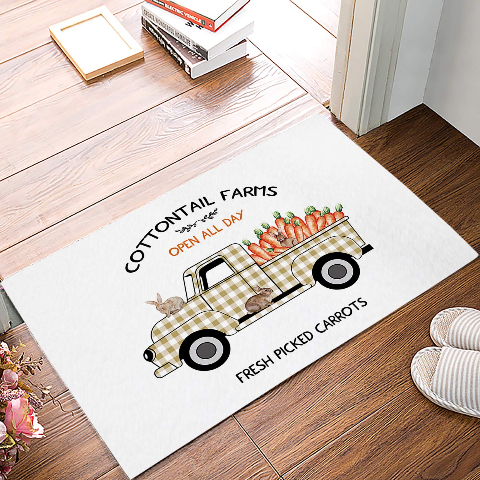 Easter Carrot Rabbit Doormat 20x31.5 Inch - Farmhouse Spring Entryway Rug with Plaid Design for Front Door, Apartment & Office - Non-Slip Floor Mat for Indoor/Outdoor Use