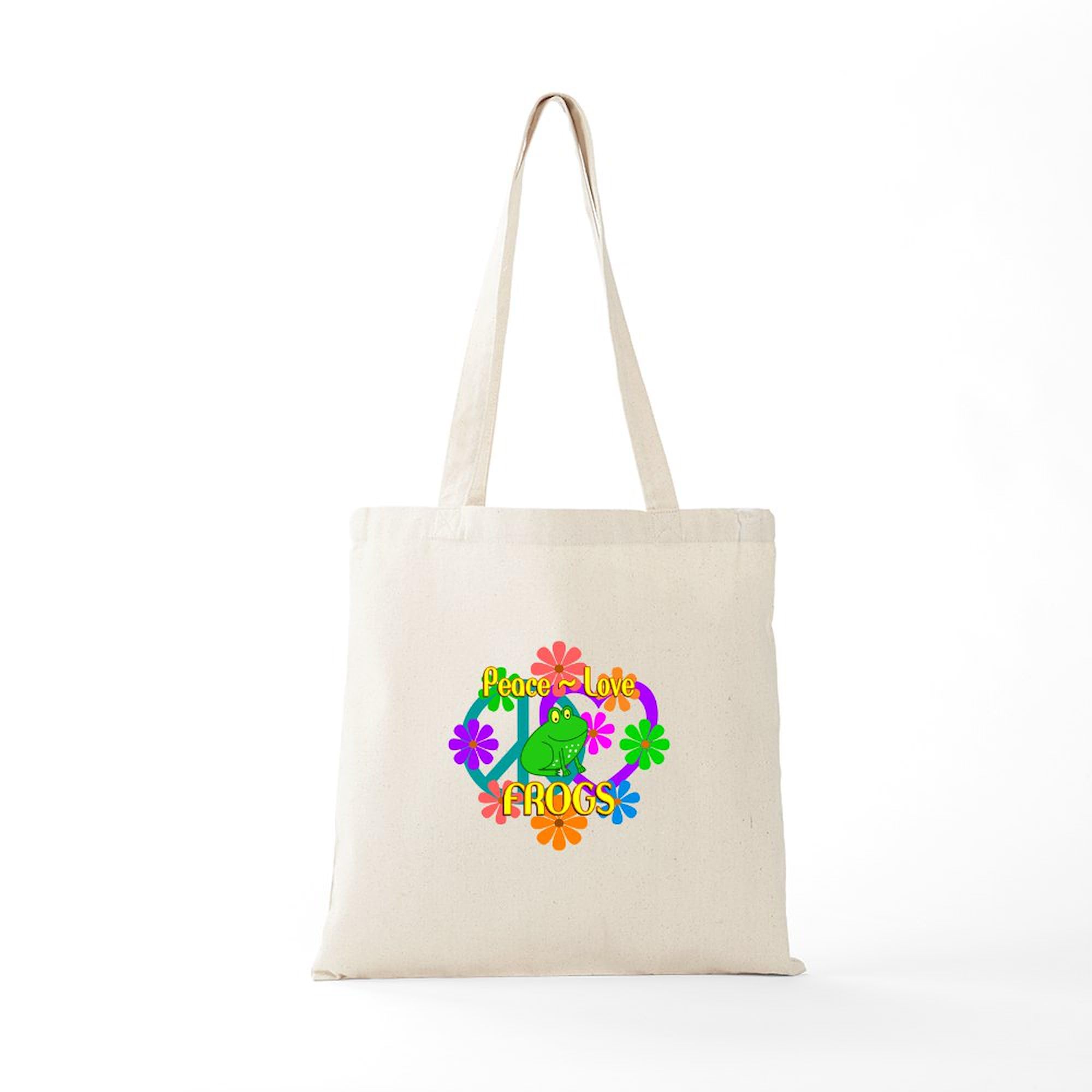 Eco-Friendly Peace Love Frogs Canvas Tote Bag - Natural Reusable Shopping Bag for Groceries, Beach & Daily Use | Sustainable Cotton Carryall