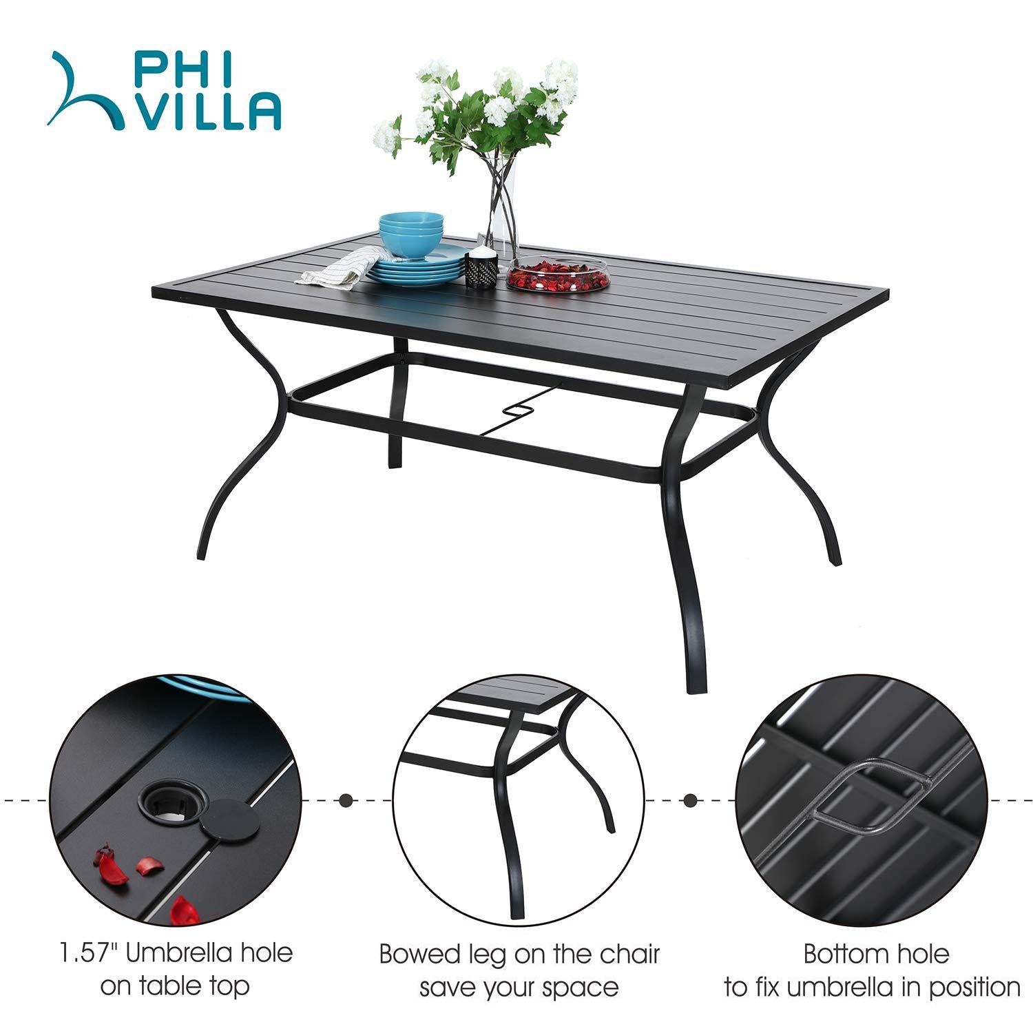PHI VILLA 8-Piece Outdoor Patio Dining Set with 13ft Sunbrella Umbrella - Steel Rectangle Table & 6 Stackable Chairs - Perfect for Backyard, Garden, and Poolside Entertaining