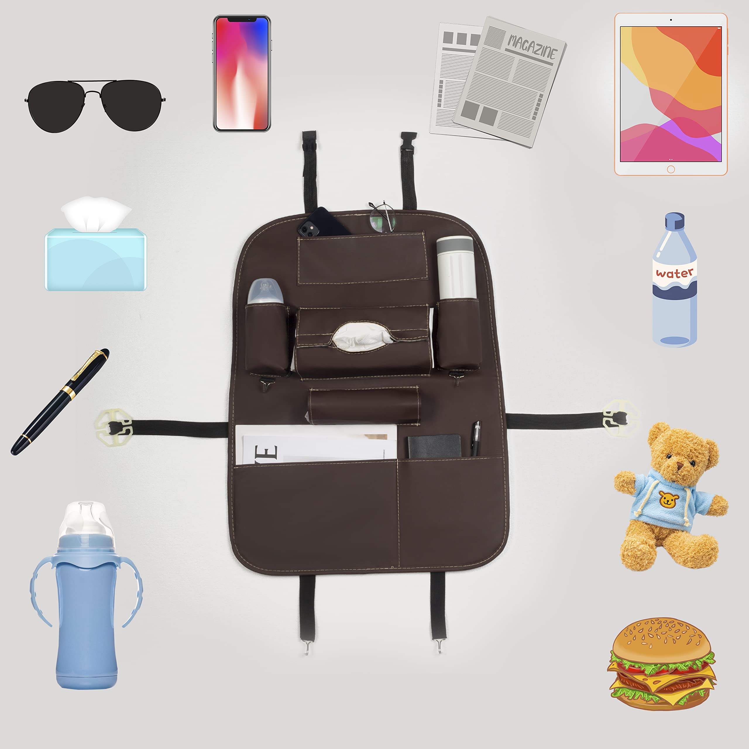 PU Leather Backseat Car Organizer - Universal Travel Storage Bag with Pockets & Kick Mats | Back Seat Protector for Kids | Perfect for Road Trips & Family Travel Accessories