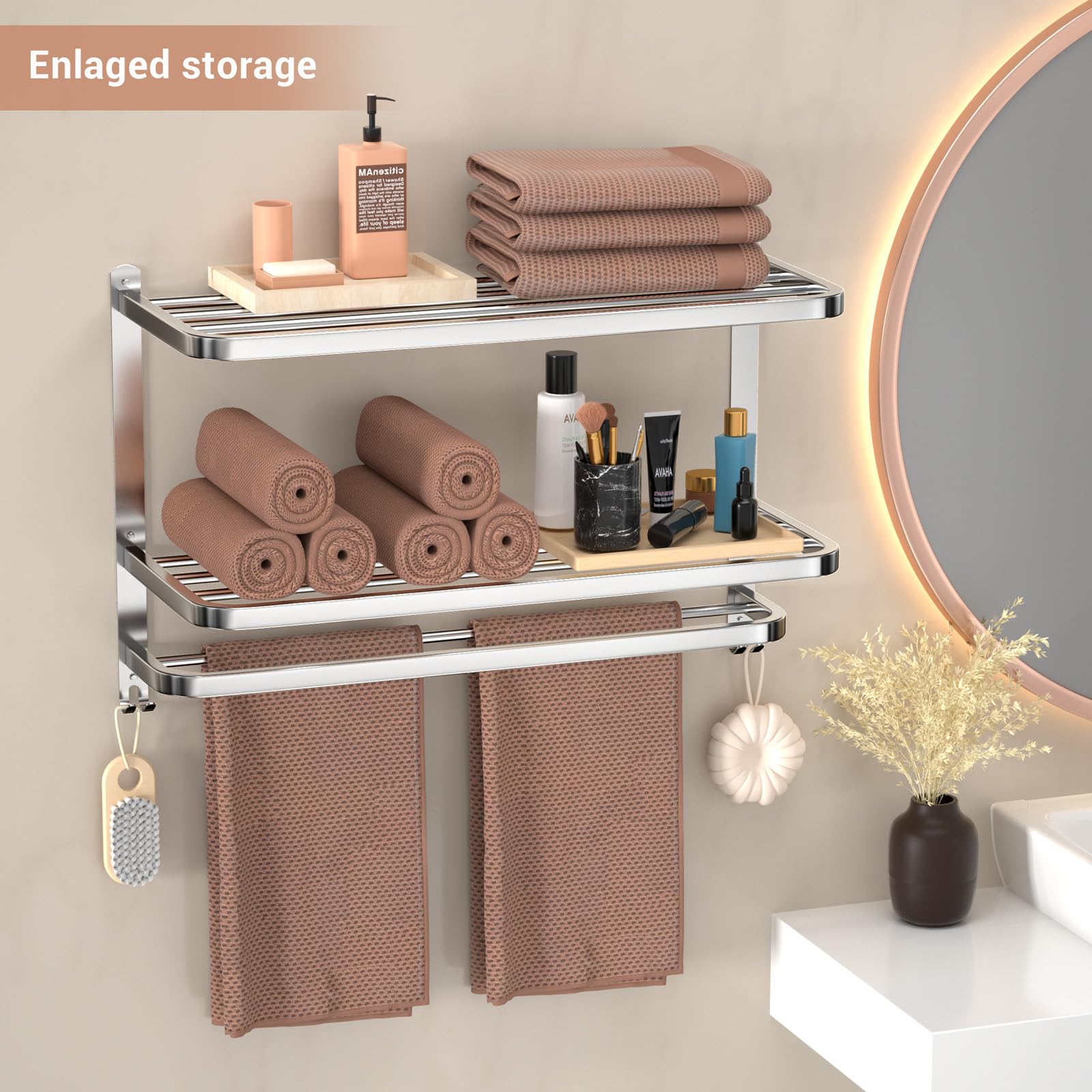 3-Tier Stainless Steel Wall-Mounted Towel Rack for Bathroom - 23 Inch Multilayer Hotel Towel Shelf with Brushed Finish - Perfect for Bathroom Organization, Spa, and Luxury Hotel Decor