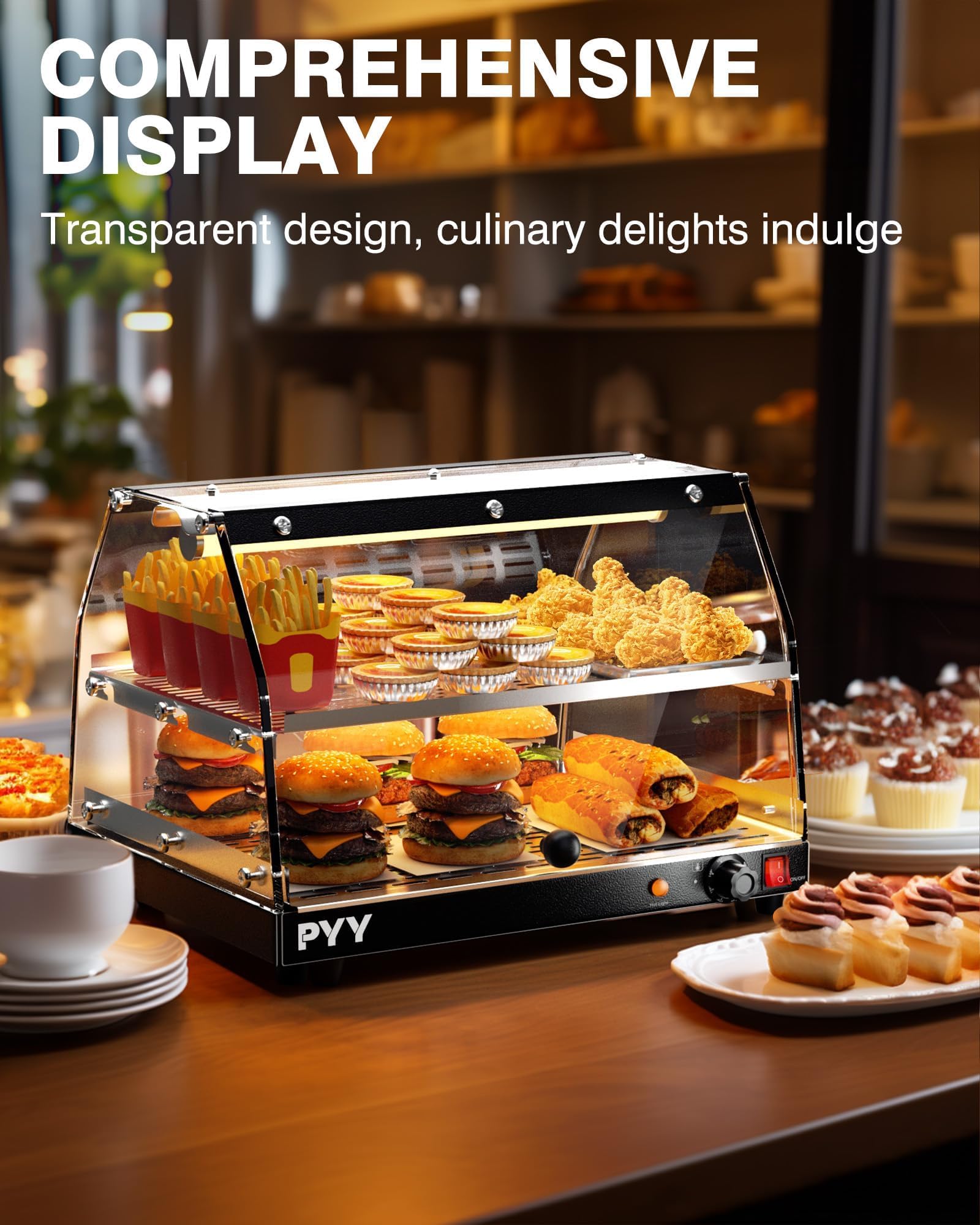 Commercial 2-Tier Pizza Warmer with LED Lighting - Countertop Food Display Warmer for Pastries, Pretzels & Snacks - Perfect for Bakeries, Cafes & Food Trucks
