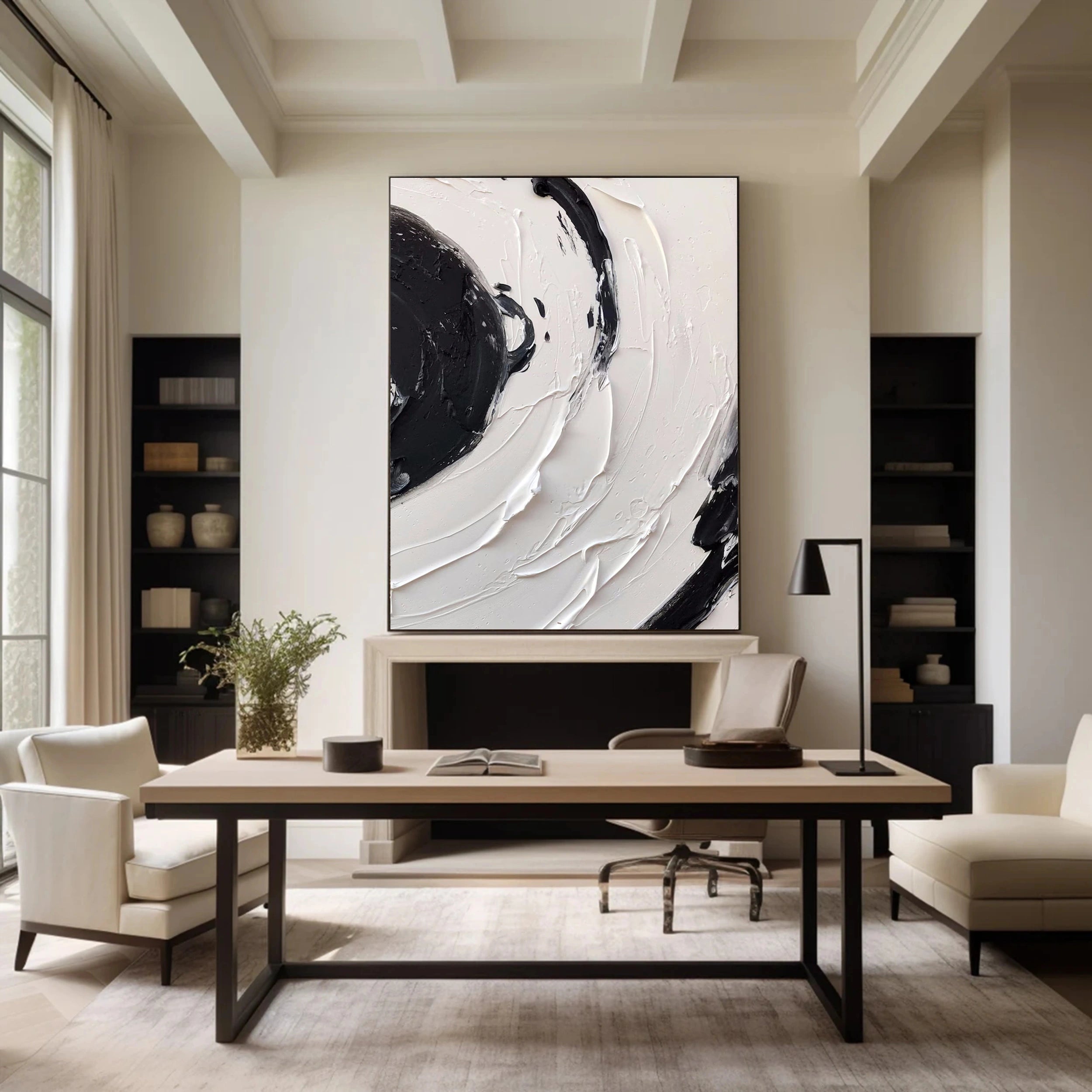 White & Black Minimalist Textured Painting Canvas - Modern Abstract Wall Art for Living Room & Bedroom Decor #MM139