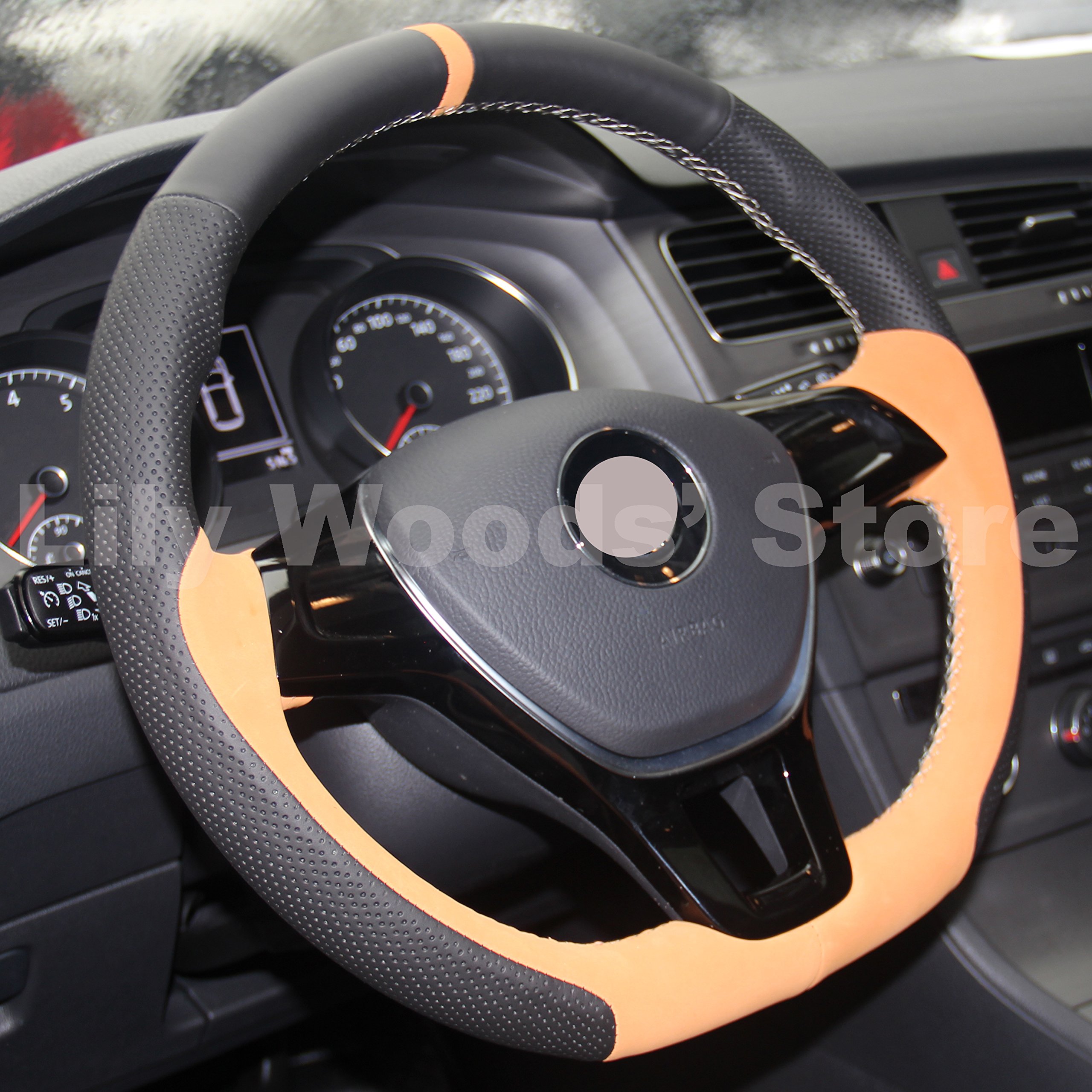 Premium Genuine Leather Custom Steering Wheel Cover for VW Passat 2016, Golf TSI 2015-2016, E-Golf 2015-2016, Golf Sportwagen 2015-2016 & Jetta Hybrid 2015-2016 - Hand-Stitched Luxury Car Accessory for Enhanced Grip & Comfort During Daily Commutes & Road Trips