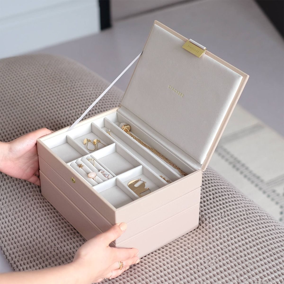 Elegant Set of 3 Jewelry Boxes in Blush Pink & Champagne Gold - Perfect for Gift Giving, Travel & Home Organization