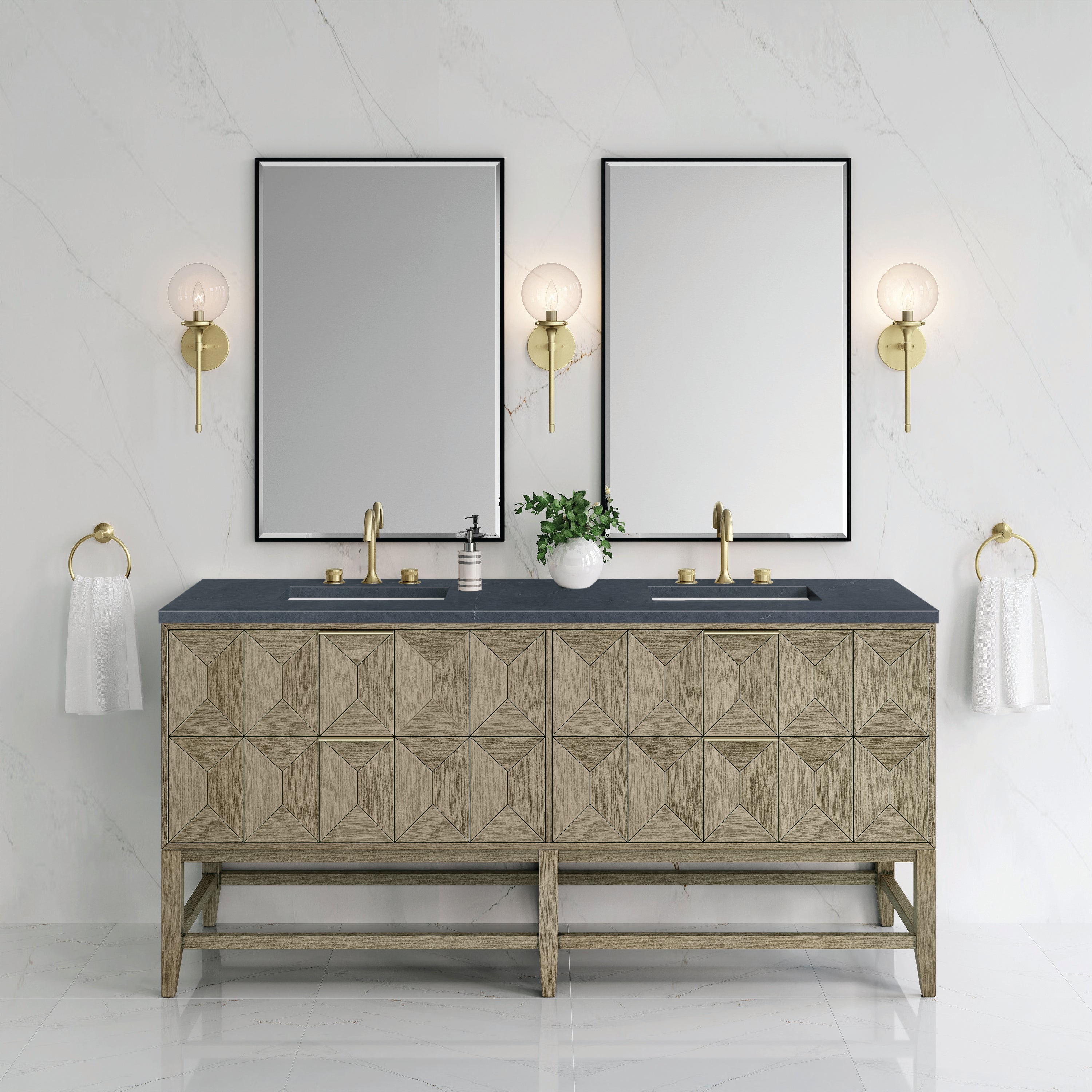Emmeline 72 Inch Double Bathroom Vanity with Pebble Oak Finish & 3CM Charcoal Soapstone Countertop - Perfect for Master Bathroom Renovation and Modern Home Decor