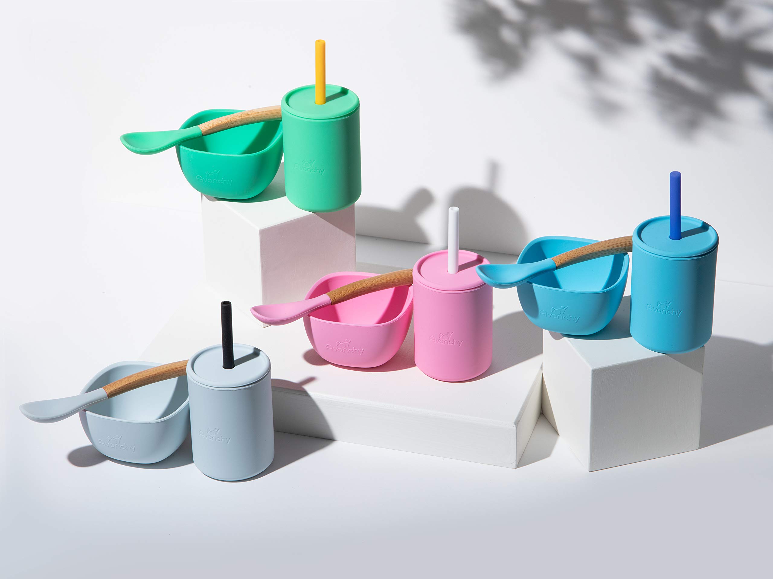 Avanchy Baby Dish Set - Silicone Bowl, Cup & Bamboo Spoons for Infant Feeding & Shower Gifts