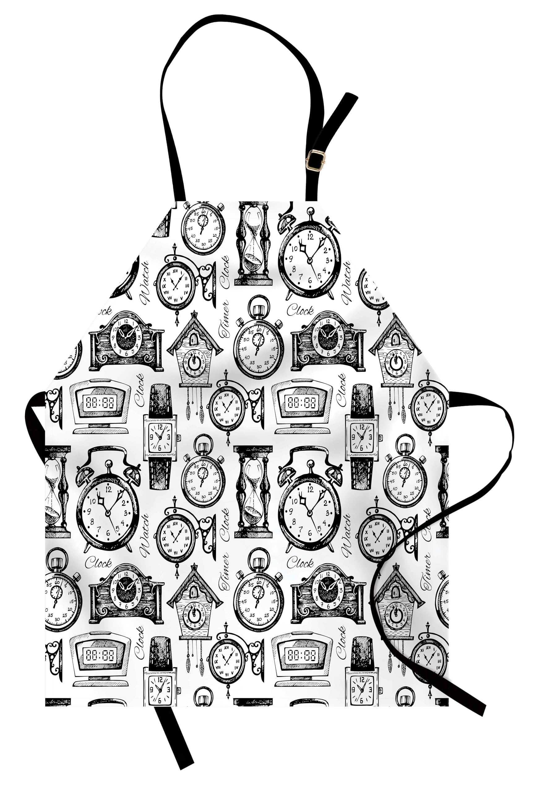 Ambesonne Vintage Clock Apron - Hand Drawn Watches Illustration, Monochrome Black & White Design - Adjustable Bib Apron for Baking, Painting, Cooking & Kitchen Use - Small Size with Ties