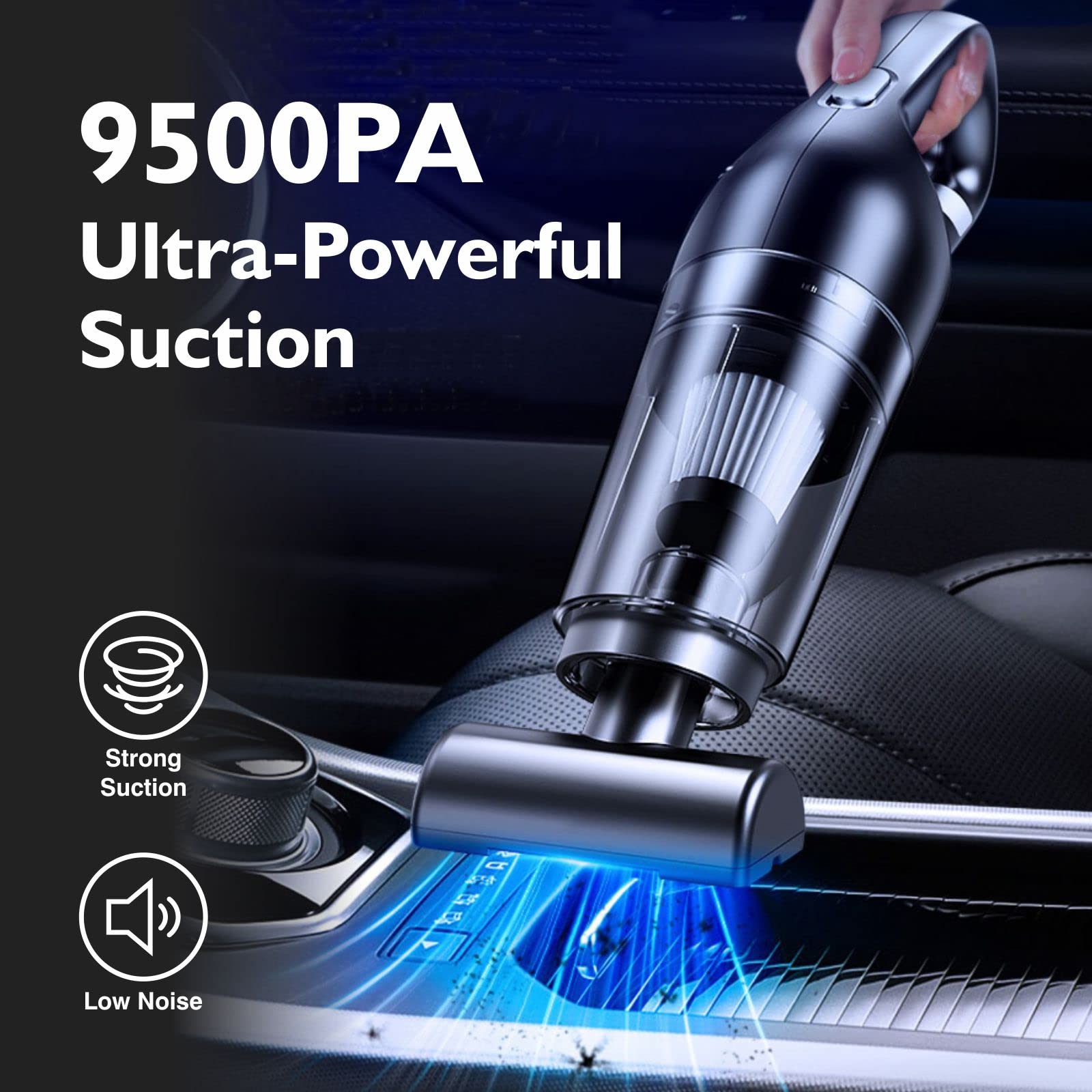 MOCA 9500PA High Power Cordless Car Vacuum Cleaner - Portable USB Rechargeable Handheld Vacuum for Wet & Dry Cleaning - Compact Design for Home, Car, Narrow Spaces (Black) | Perfect for Pet Hair, Crumbs, and Quick Spill Cleanup