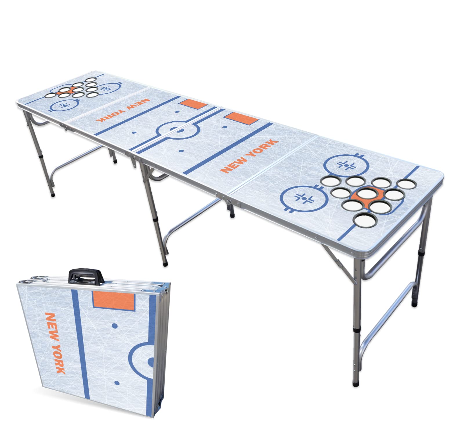 8-Foot Folding Portable Beer Pong Table with LED Lights & Optional Cup Holders - New York 2 Hockey Rink Style for Outdoor Parties, Tailgates & College Events