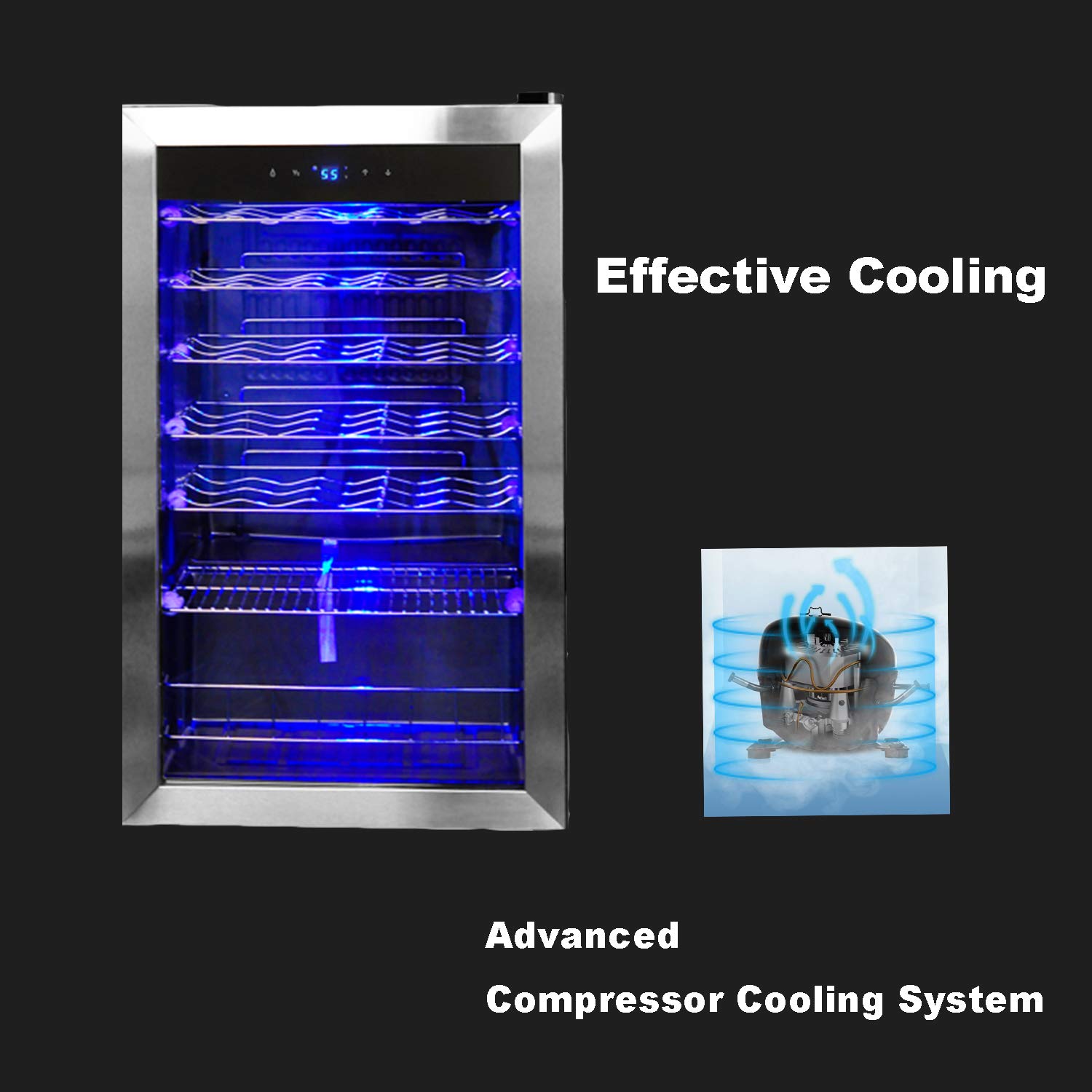 33 Bottle Wine Cooler - 48cm Under Counter Wine Fridge with Glass Door, Touch Screen & LED Light, 95L Capacity - Stainless Steel Frame, Black - Perfect for Kitchen, Bar, Restaurant & Home Cellar Storage